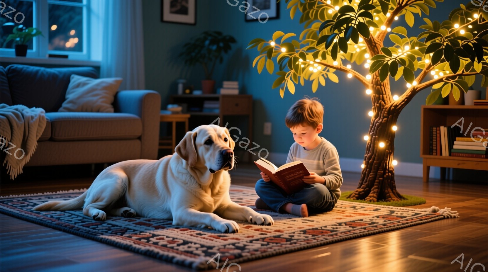 少年は、カラフルな敷物の上で、犬と一緒に座り、本を読んでいます。少年は、薄いグレーのセーターを着ており、髪は短く、集中した表情をしています。背景にはソファ、本棚、そして点灯した装飾的な木があり、暖かく - AI生成フリー素材