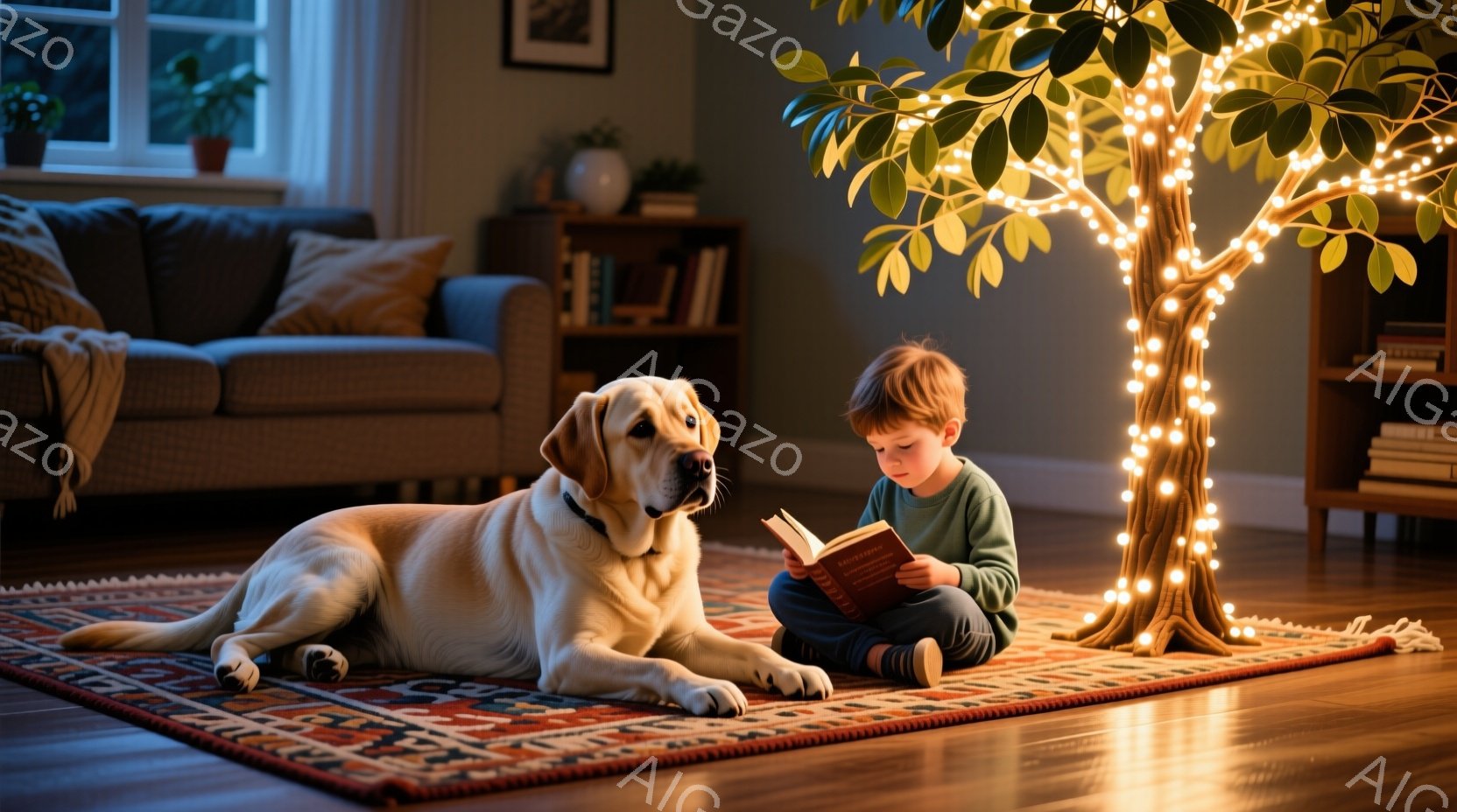 少年は、鮮やかな色の敷物の上で、本を読みながら座っています。彼は緑色のセーターを着ており、落ち着いた表情で本に集中しています。背景には、明るく光る電飾で飾られた木と、快適なソファが見え、温かく穏やかな - AI生成フリー素材
