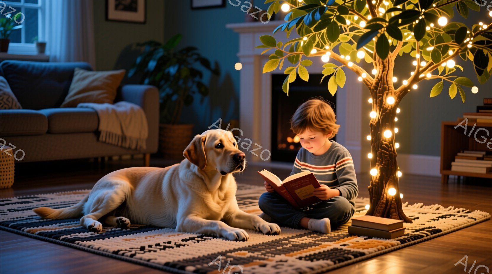 少年が床に座り、本を読んでいます。金色のラブラドールが少年の隣で横になり、リラックスした様子です。背景には、電飾で飾られた木と、ソファ、本棚が見え、温かく心地よい雰囲気です。 - AI生成フリー素材