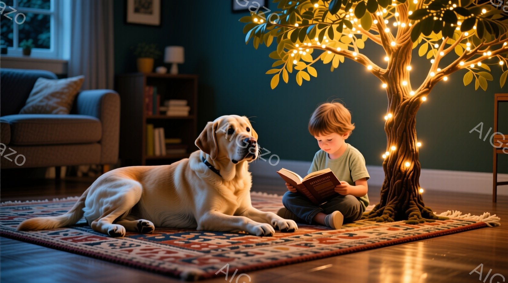 少年は、部屋の床に敷かれたペルシャ絨毯の上で、光る木のそばで本を読んでいます。彼は茶色の髪で、紺色のシャツを着ており、本に集中した表情をしています。隣には、金色のラブラドールレトリバーが横たわり、リラ - AI生成フリー素材
