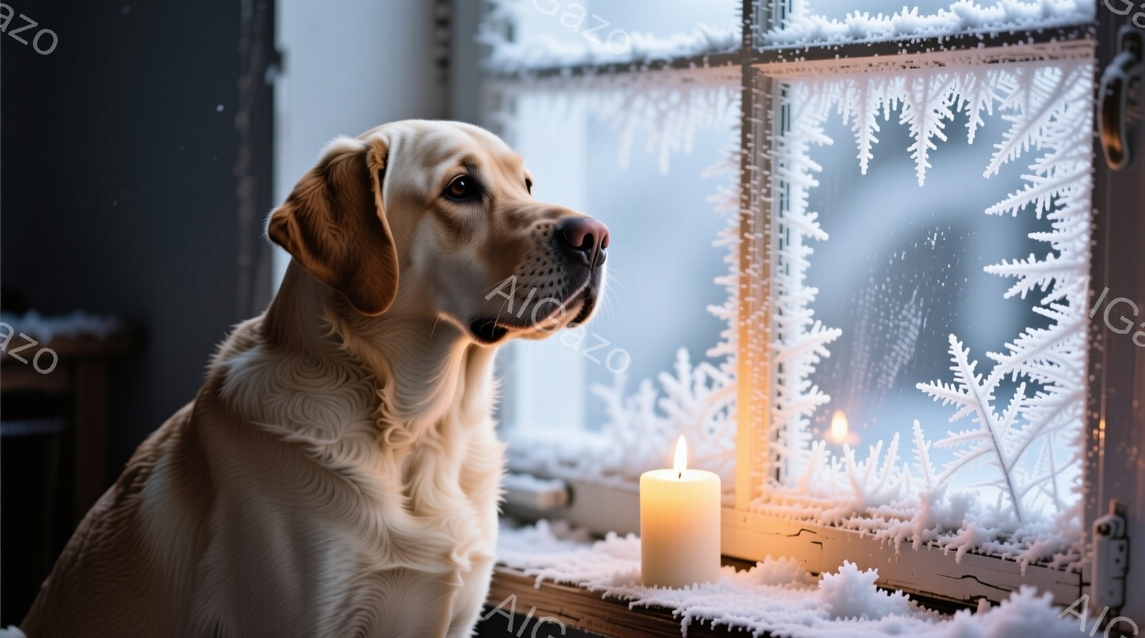 窓辺に座ったクリーム色のラブラドール・レトリバーが、外の雪景色を物憂げに見つめている。窓枠には霜が降り積もり、そのそばには灯りのともったキャンドルが置かれている。全体的に、静かで穏やかでありながら、ど - AI生成フリー素材
