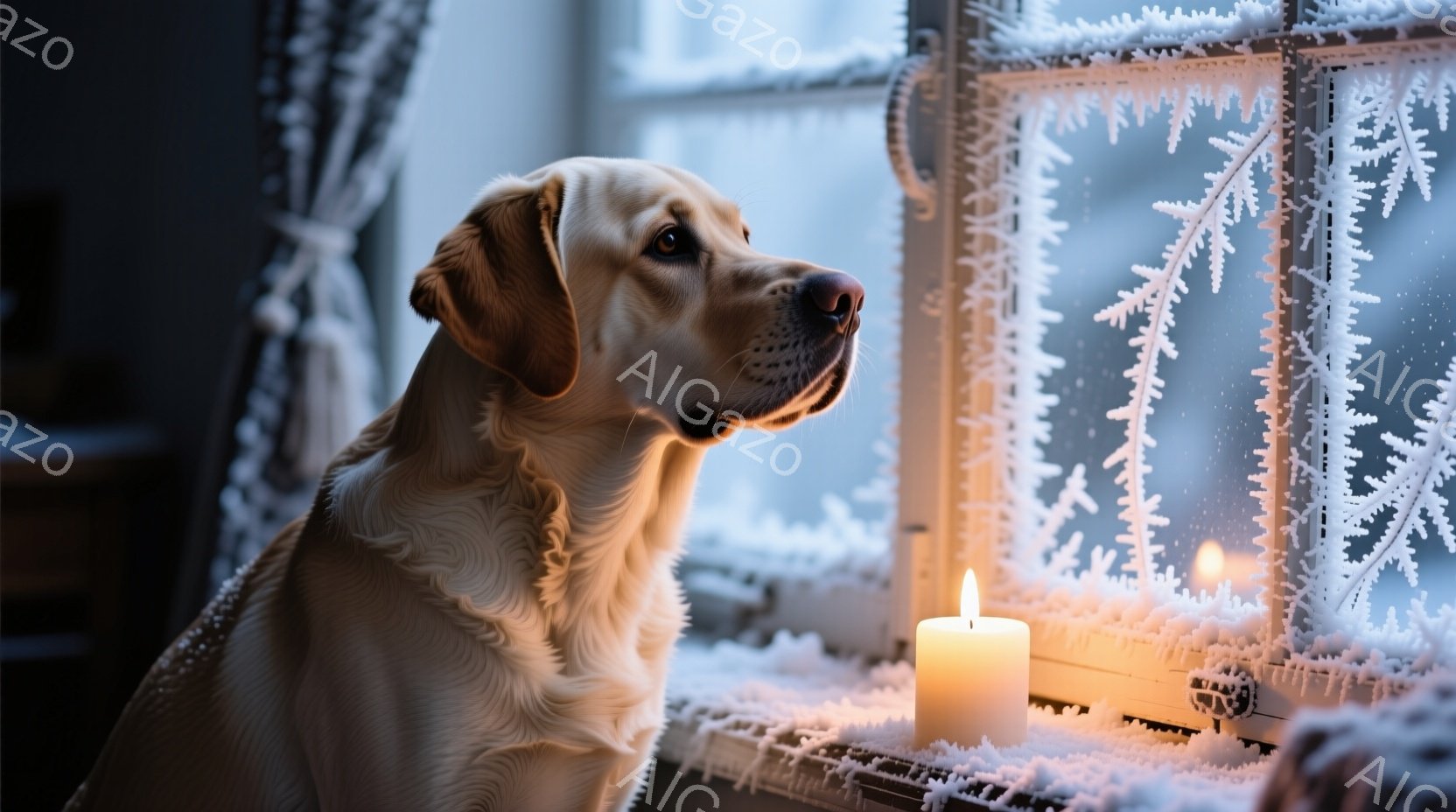 明るいクリーム色のラブラドール・レトリバーが、霜で覆われた窓の外を見つめている。窓台には、暖かく輝く一本のキャンドルが置かれている。背景は雪景色で、穏やかで静謐な冬の雰囲気が漂っている。 - AI生成フリー素材