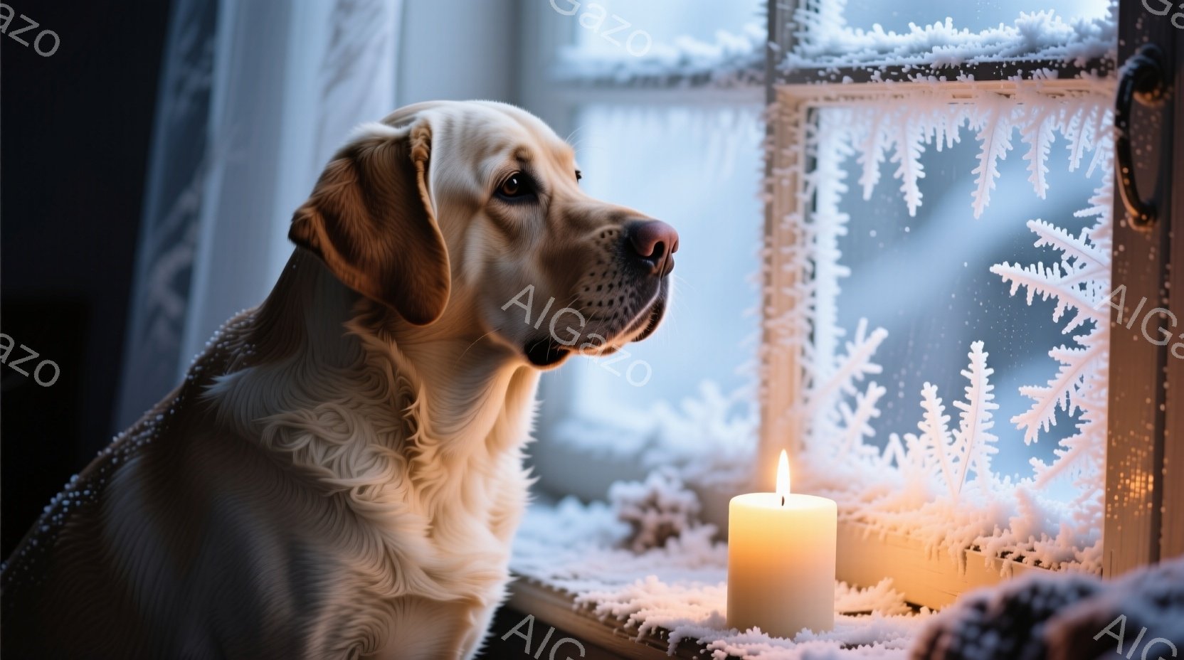 金色の毛並みのラブラドール・レトリバーが、窓の外をじっと見つめている。窓枠には雪の結晶が描かれており、窓辺には点灯したキャンドルが置かれている。冬の暖かく静かな雰囲気が漂い、犬の穏やかな表情と相まって - AI生成フリー素材
