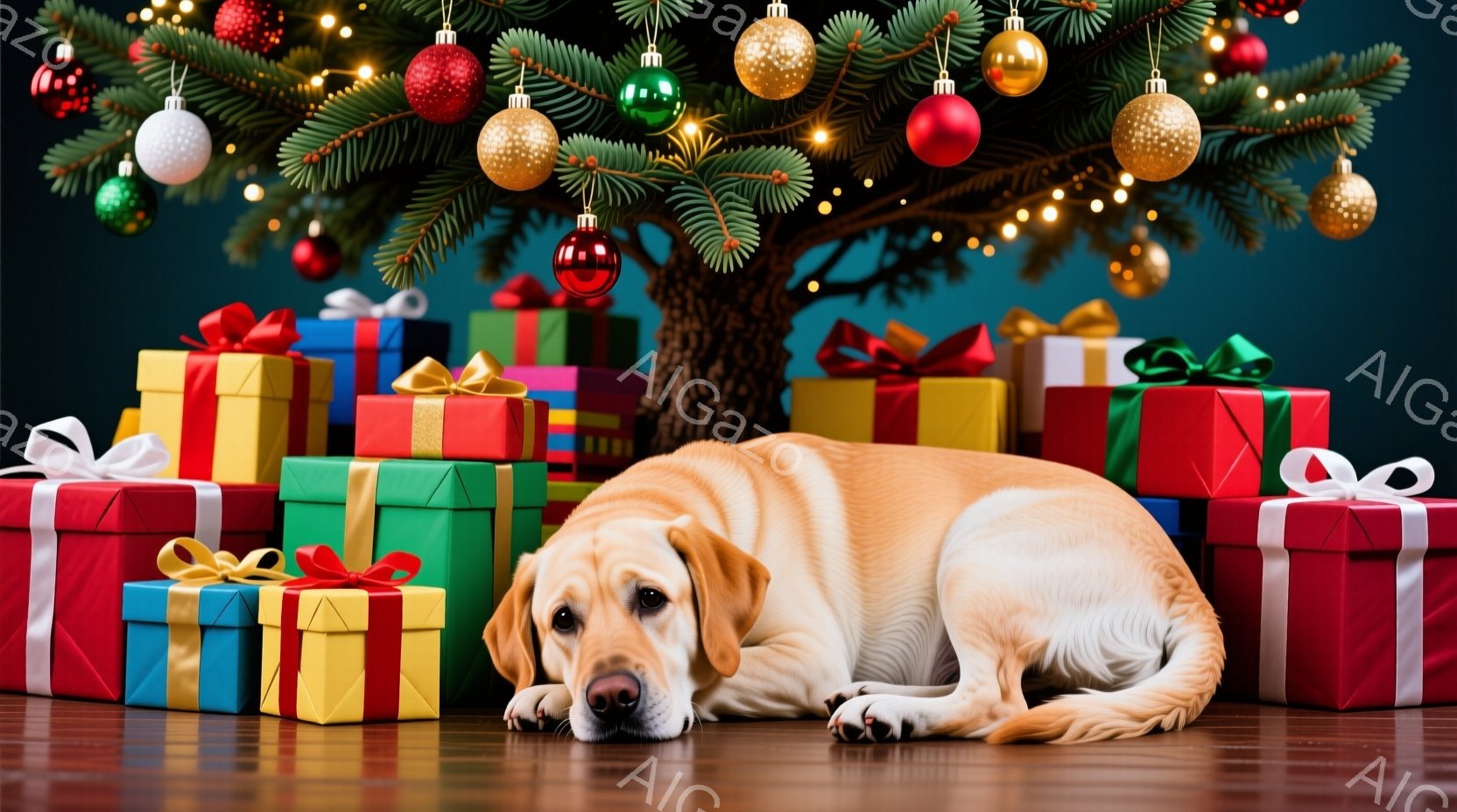 暖炉のそばに積み上げられたプレゼントの山に、クリーム色のラブラドール・レトリバーが横たわっています。犬は落ち着いた表情で、リラックスした様子で床に体を預けています。背景には、飾り付けられたクリスマスツ - AI生成フリー素材