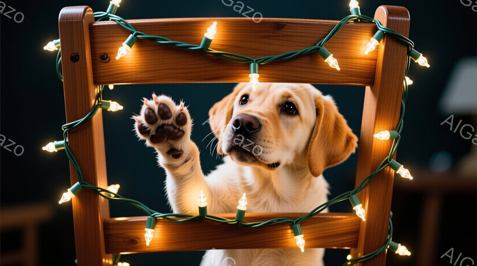 明るいクリーム色のラブラドールの子犬が、クリスマスライトで飾られた木の椅子のフレームの中で、前足を伸ばして遊んでいます。子犬は少し上向きに顔を上げており、好奇心と遊び心に満ちた表情をしています。背景は暗くぼやけており、暖かく、お祝いムードが漂う光景です。