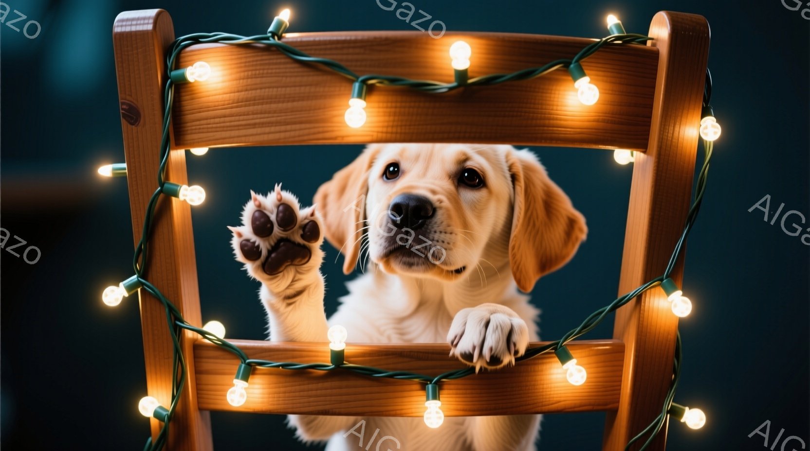 明るいクリーム色の毛並みの子犬が、木の椅子から前足を伸ばしてこちらを見つめています。椅子には小さな電飾が巻き付けられ、温かく楽しい雰囲気を醸し出しています。背景は暗く、子犬と電飾が際立っており、可愛らしい瞬間が捉えられています。