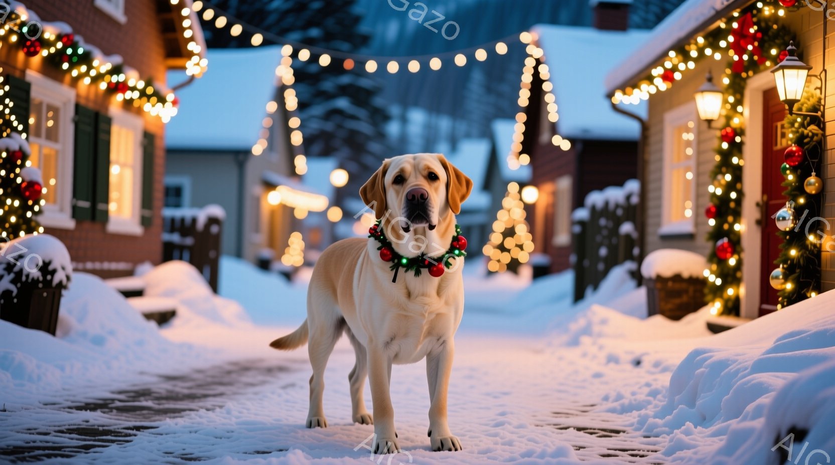 白い毛並みのラブラドール・レトリバーが、クリスマスらしい飾り付けがされた雪の道に立っている。首輪には赤いリボンと緑色の装飾がついており、冬の暖炉の光とクリスマスの飾り付けが背景にあり、お祝いの雰囲気を演出している。雪が積もった建物と輝く光が、穏やかで心温まる冬の風景を作り出している。