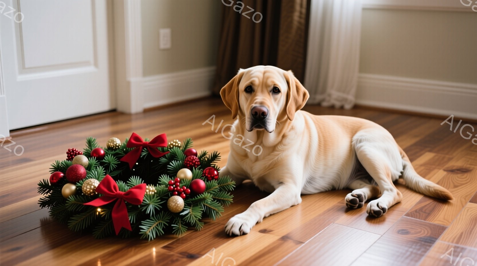 明るい茶色のラブラドール・レトリバーが、クリスマス風の緑のリースと赤いオーナメントの横に横たわっています。犬は正面を見ており、穏やかでリラックスした表情をしています。背景は木製の床と白い壁で、暖かく居 - AI生成フリー素材