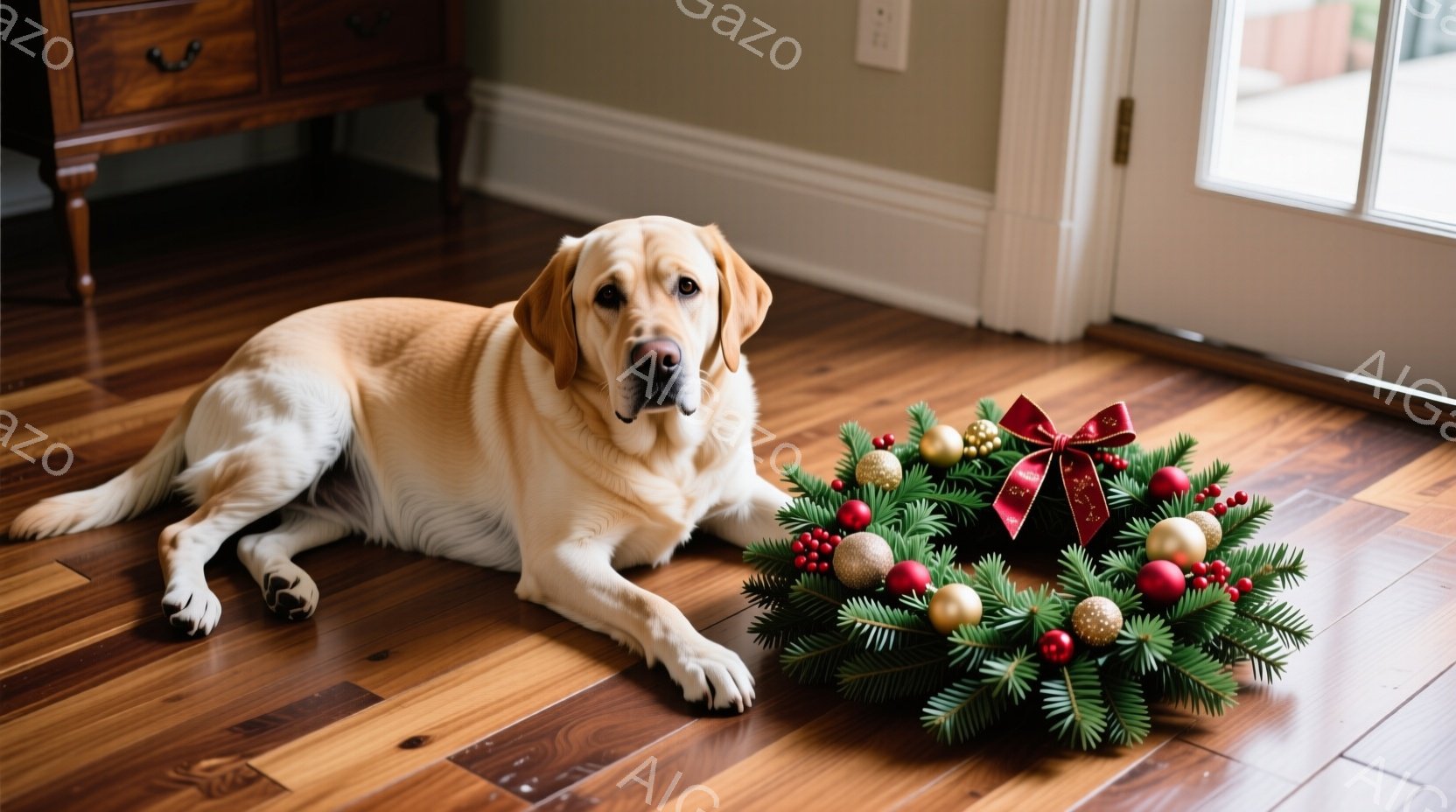 暖炉の前に、クリーム色のラブラドールレトリバーがチェック柄の毛布の上で横たわっています。犬はカメラ目線で、リラックスした表情をしています。背景には、クリスマスソックスが飾られた暖炉と、わずかに見える家 - AI生成フリー素材
