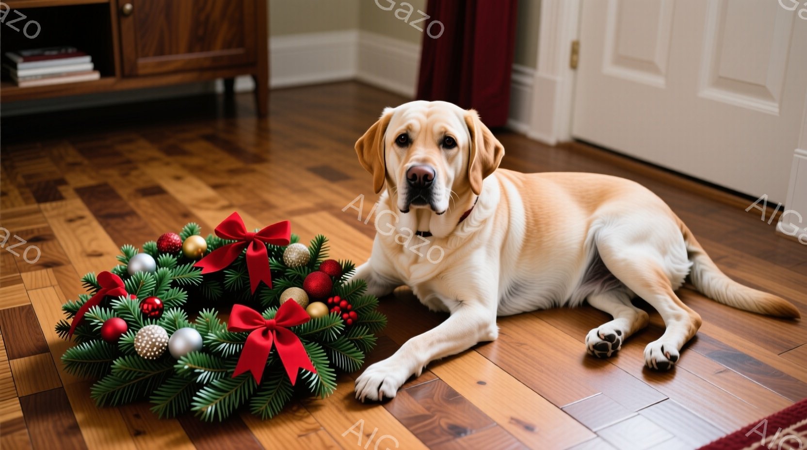 明るい茶色の木製の床に、クリーム色のラブラドール・レトリバーが横たわっています。赤いリボンで飾られたクリスマスリースが犬の隣に置かれ、正面を向いてカメラを見ています。背景には木製のキャビネットと赤いカ - AI生成フリー素材