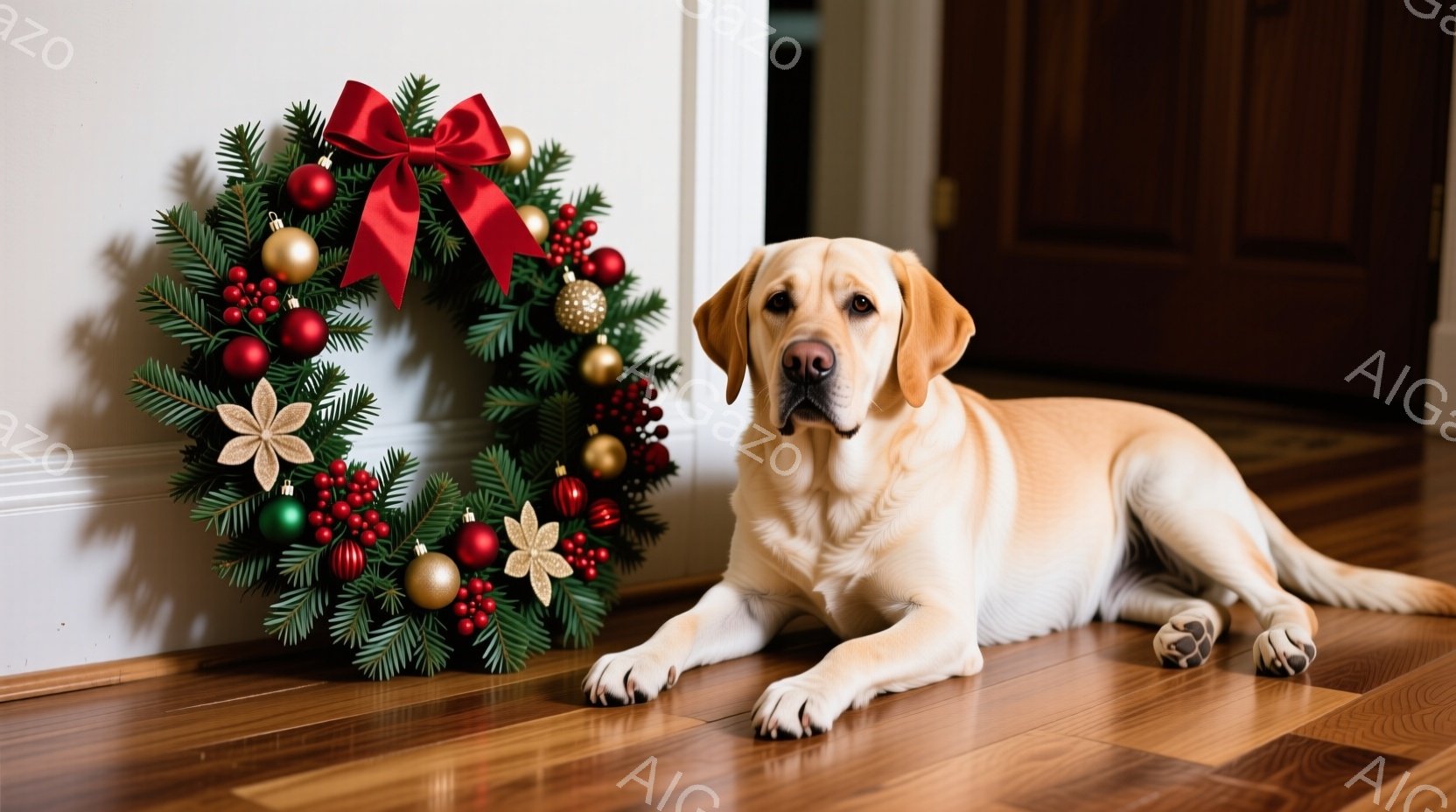 クリーム色のラブドール犬が木の床に横たわっており、背景には赤いリボンと装飾が施されたクリスマスリースが飾られています。犬はリラックスした様子で正面を見つめており、穏やかな表情をしています。背景は白い壁と木製のドアで、温かく居心地の良い雰囲気です。