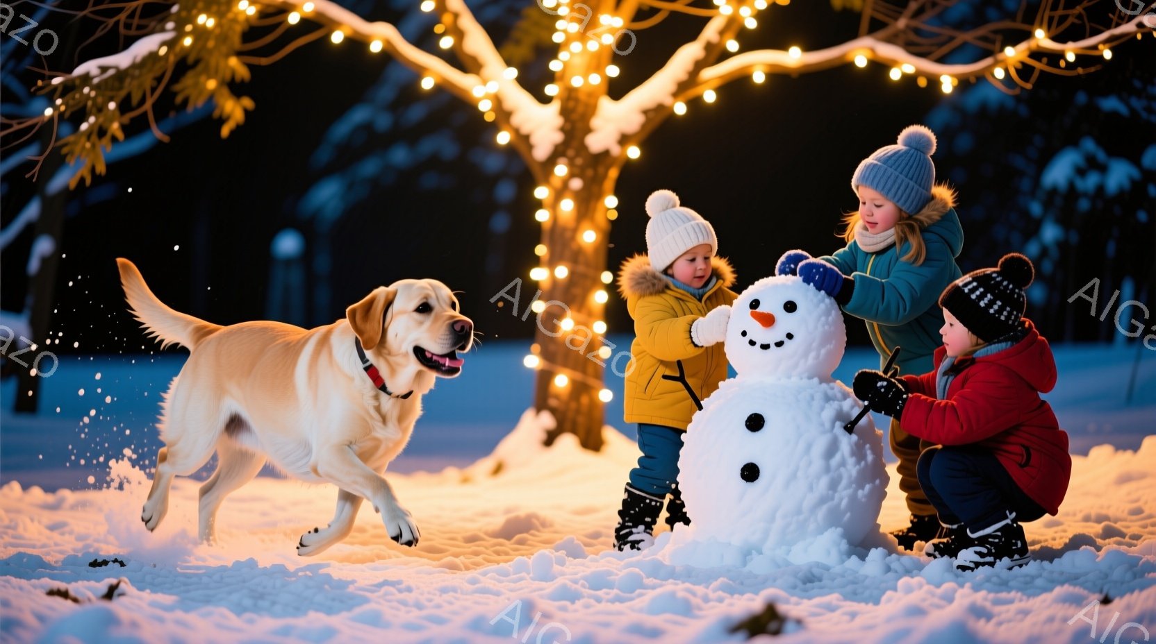 雪景色の中で、二人の子供と犬が雪だるまを作っています。子供たちは冬用の帽子とコートを着ており、笑顔で雪だるまの顔を飾っています。背景には光り輝くイルミネーションと雪に覆われた木々があり、暖かく、幸せな - AI生成フリー素材