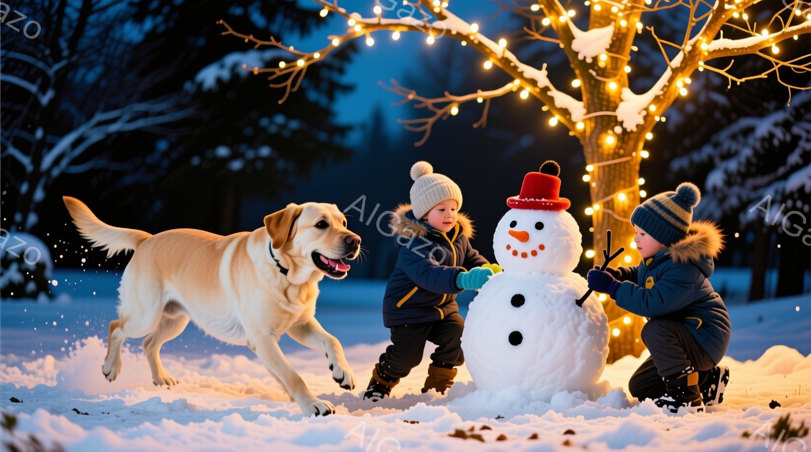 雪景色の中で、二人の子供と一匹の犬が雪だるまを作っている。子供たちは冬の帽子と厚手のコートを着ており、雪だるまの顔や腕を取り付けるのに熱心に取り組んでいる。背景には木々が広がり、クリスマスのような電飾 - AI生成フリー素材
