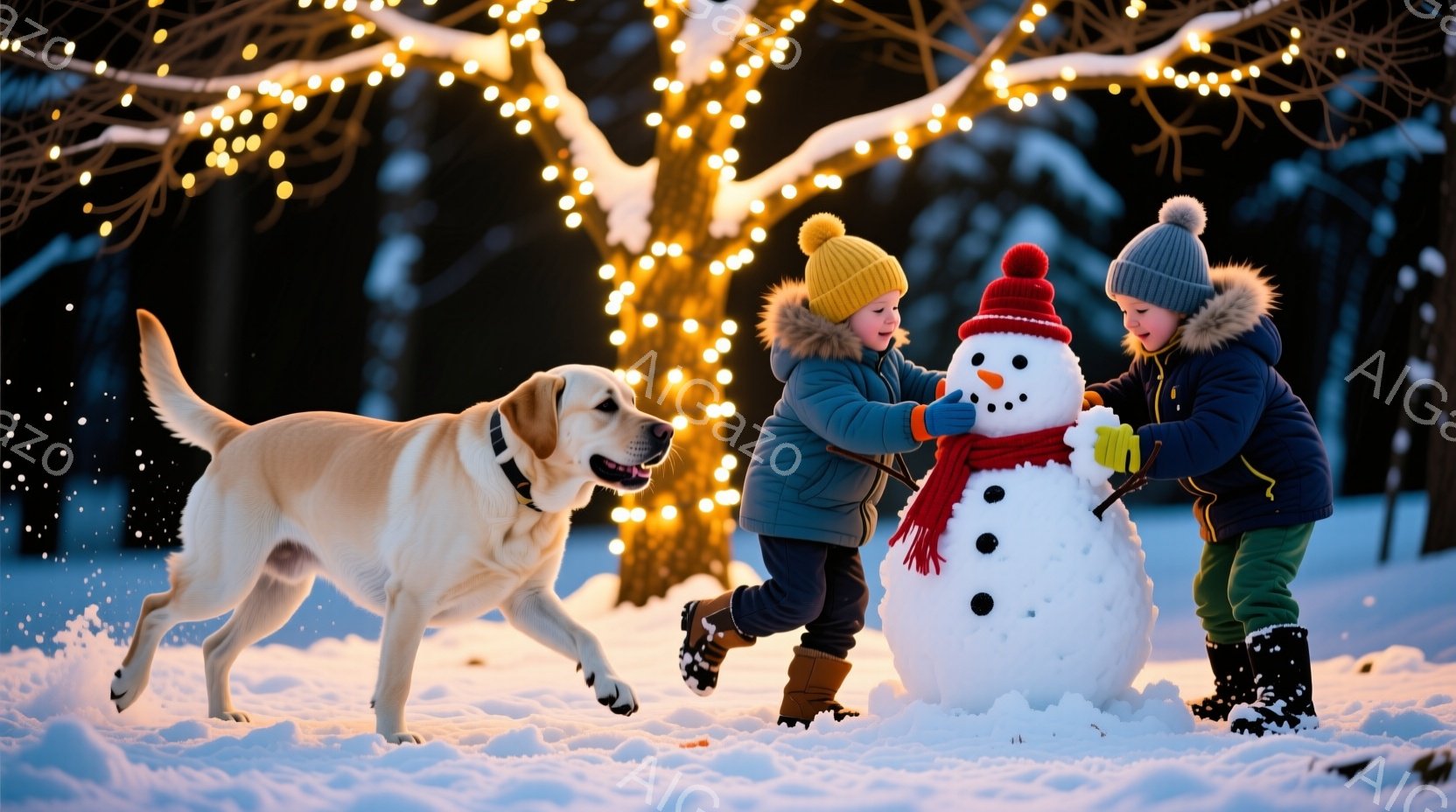 雪景色の中で、幼い少年二人が雪だるまを作っている。少年たちは防寒帽と厚手のジャケットを着ており、片方の少年は赤い帽子を被っている。背景にはキラキラと輝くイルミネーションと、雪に覆われた木々が見え、暖かく、楽しい冬の雰囲気が漂っている。