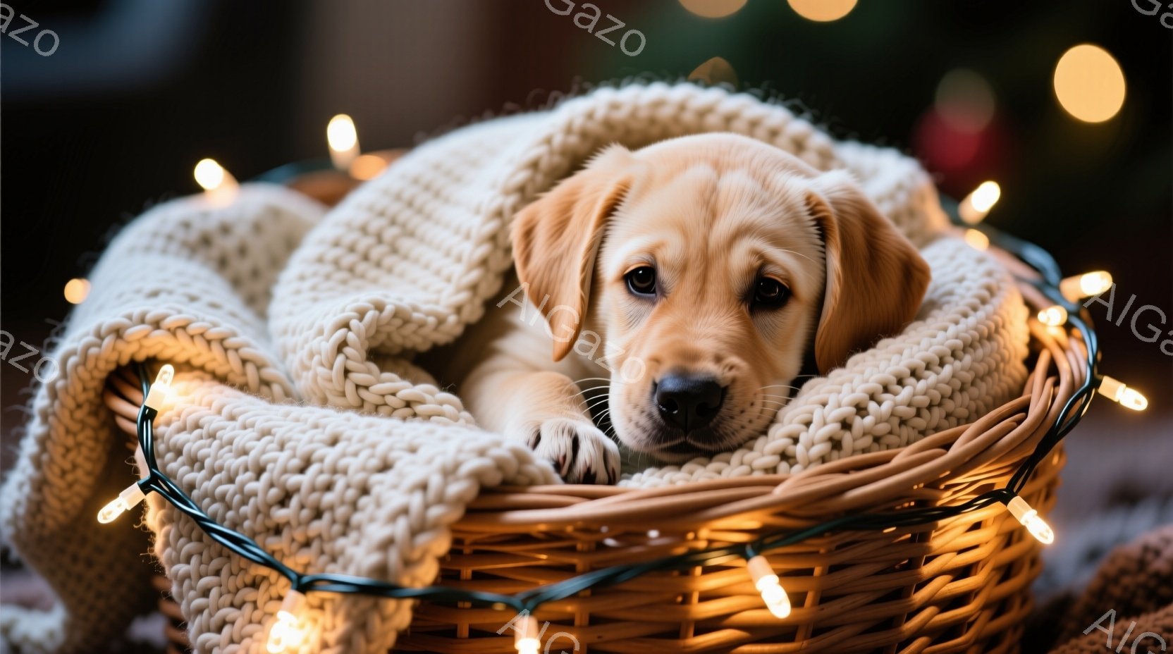 柔らかいクリーム色のニットブランケットに包まれた小さなゴールデンレトリバーの子犬が、籐のバスケットの中で丸まって眠っている。子犬は少し眠たげな表情で、暗めの背景に暖色のクリスマスライトがぼんやりと光っている。全体的に、温かく、心地よく、穏やかな雰囲気が漂っている。
