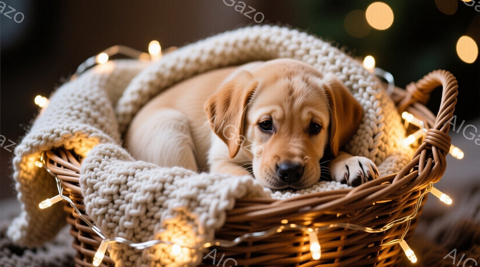 温かいクリーム色のニットのブランケットに包まれた茶色の子犬が、編み込まれたバスケットの中に横たわっています。子犬は前足を伸ばし、穏やかな表情でこちらを見ており、とてもリラックスした様子です。背景にはぼ - AI生成フリー素材