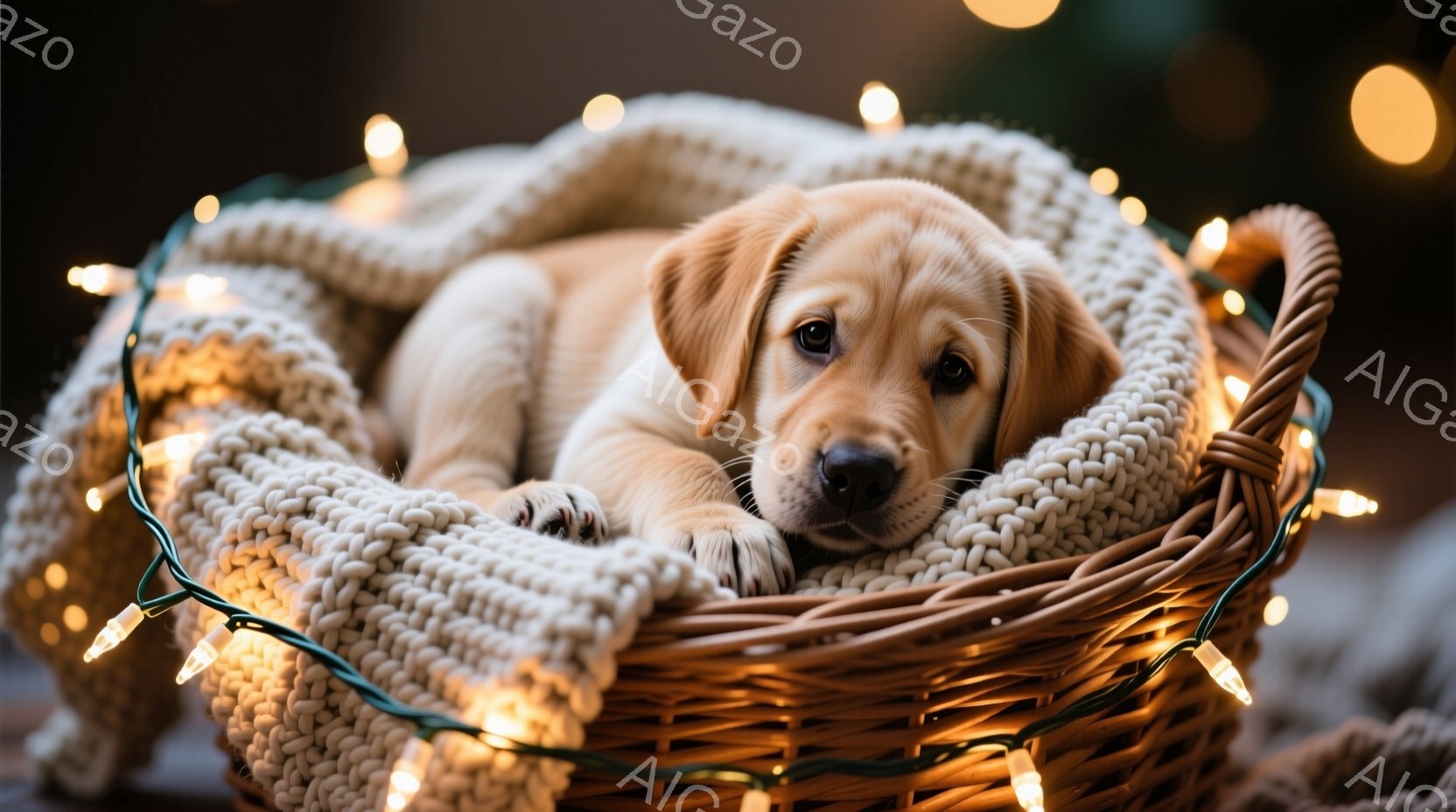 柔らかいクリーム色のニットで囲まれた、籐のバスケットの中に、子犬が丸まって眠っています。子犬は優しい表情で、前足を伸ばしてリラックスした姿勢を見せています。背景にはぼやけた光が点在し、温かく、居心地の良い雰囲気を醸し出しています。