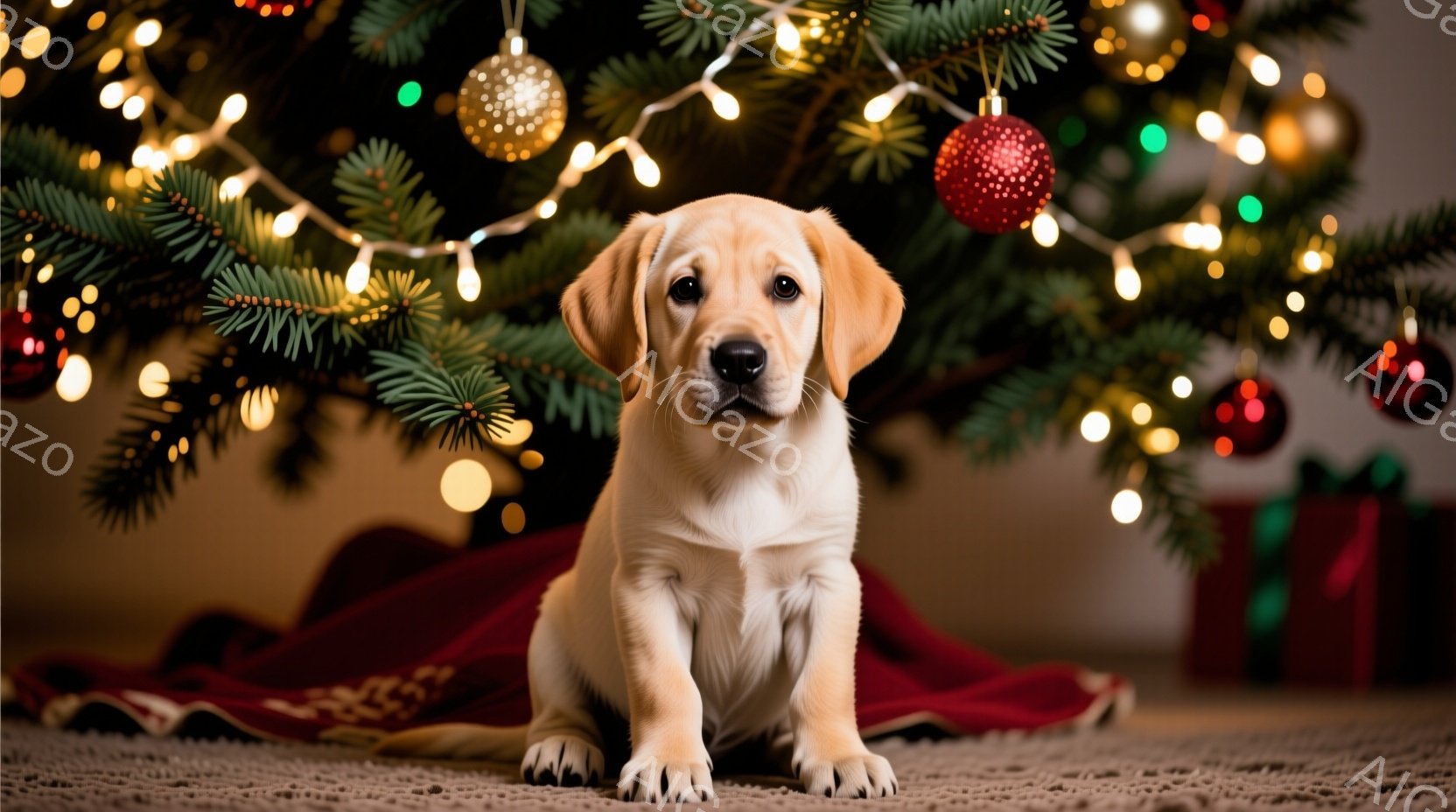 暖炉の前に置かれたクリスマスツリーの下で、小さなクリーム色のラブラドールの子犬が座っています。子犬は真っ直ぐ前を見ており、その表情は好奇心と愛らしさで満ちています。背景には、ぼやけた赤い敷物やキラキラと輝くクリスマスライト、そしてプレゼントの箱が見え、温かく、お祝いの雰囲気を醸し出しています。