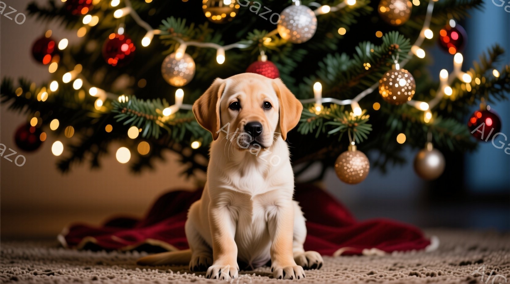明るい背景に、小さなクリーム色のラブラドールの子犬が座っています。子犬は正面を見据え、穏やかで好奇心旺盛な表情をしています。背景には、赤い装飾と輝くライトで飾られたクリスマスツリーがあり、暖かくお祝いの雰囲気を作り出しています。