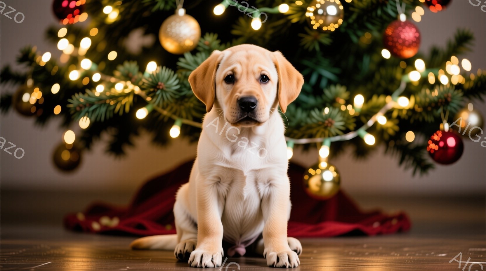 明るい木製の床に、小さなクリーム色のラブラドールの子犬が座っています。子犬は真っ直ぐ前を見ており、穏やかで好奇心旺盛な表情をしています。背景には、赤い布とキラキラ光る電飾で飾られたクリスマスツリーがあ - AI生成フリー素材