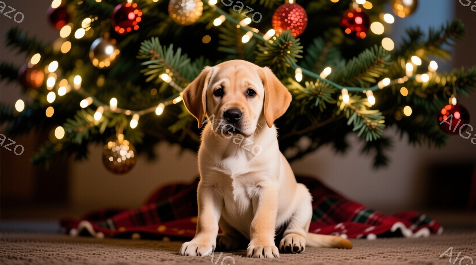 明るいベージュ色のラブラドールの子犬が、赤いチェック柄の布の上に座って正面を見ています。背景には、飾り付けられたクリスマスツリーが光り輝き、温かくお祝いの雰囲気を醸し出しています。子犬は穏やかな表情で、クリスマスの喜びを感じさせる写真です。