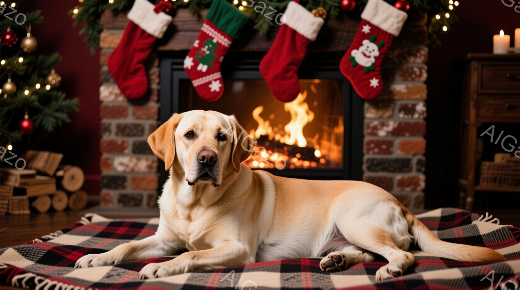 暖炉の前でリラックスした様子の明るいクリーム色のラブラドール・レトリバーが写っている。犬は赤いチェックの毛布の上に横たわり、正面を見て穏やかな表情をしている。背景にはクリスマスツリーと暖炉があり、クリ - AI生成フリー素材