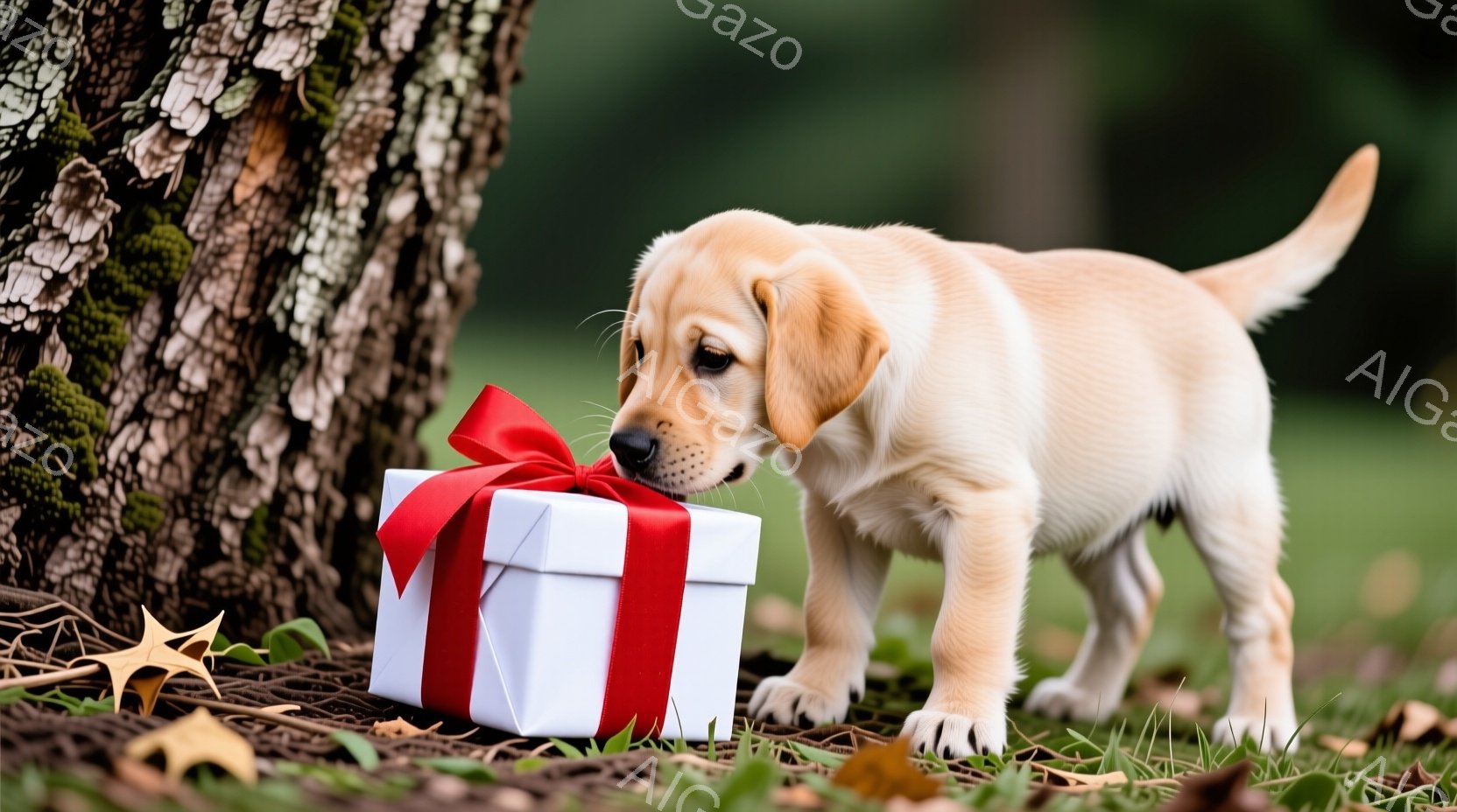 白い背景に赤いリボンが付いたプレゼントの箱の前に、小さな金色のラブラドールの子犬が鼻を近づけています。子犬は好奇心と少しの戸惑いを見せる表情で、プレゼントを注意深く嗅いでいます。背景には木の幹と落ち葉が広がる自然があり、暖かく穏やかな雰囲気が漂っています。