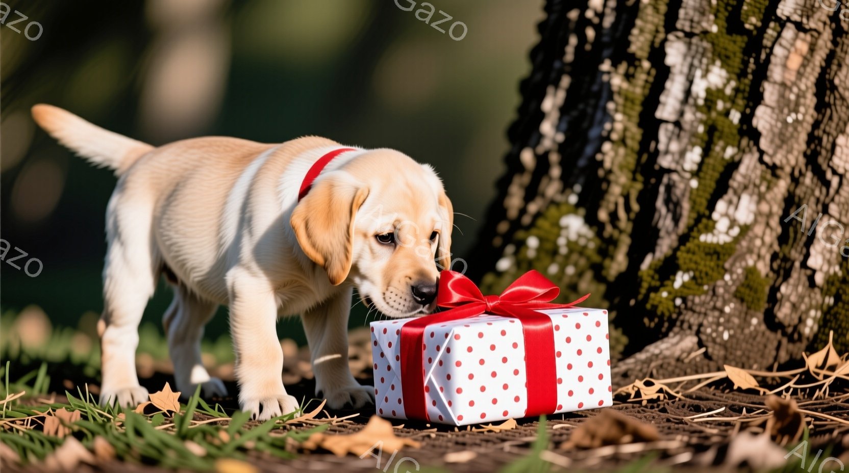 明るい茶色のラブラドールの子犬が、赤いリボンと水玉模様の包装紙で包まれたプレゼントの箱に鼻を近づけています。子犬は好奇心旺盛な表情で、前足を伸ばして箱を調べようとしています。背景には緑の草と落ち葉、そして苔むした木の幹が見え、暖かい日差しの下で穏やかな雰囲気が漂っています。