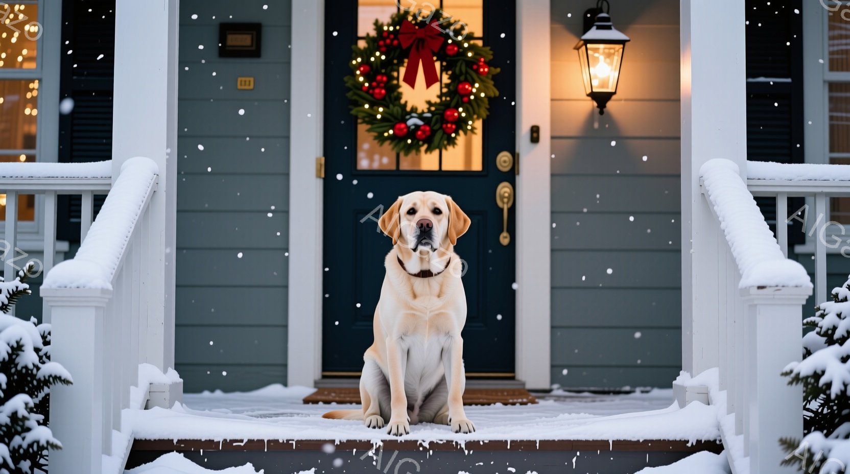 白いラブラドールレトリバーが雪に覆われた家の階段に座っています。背景には、クリスマスリースが飾られた濃い青色のドアと、雪が積もった白の柵が見えます。全体的に、暖かく、落ち着いた冬の雰囲気が漂っており、 - AI生成フリー素材