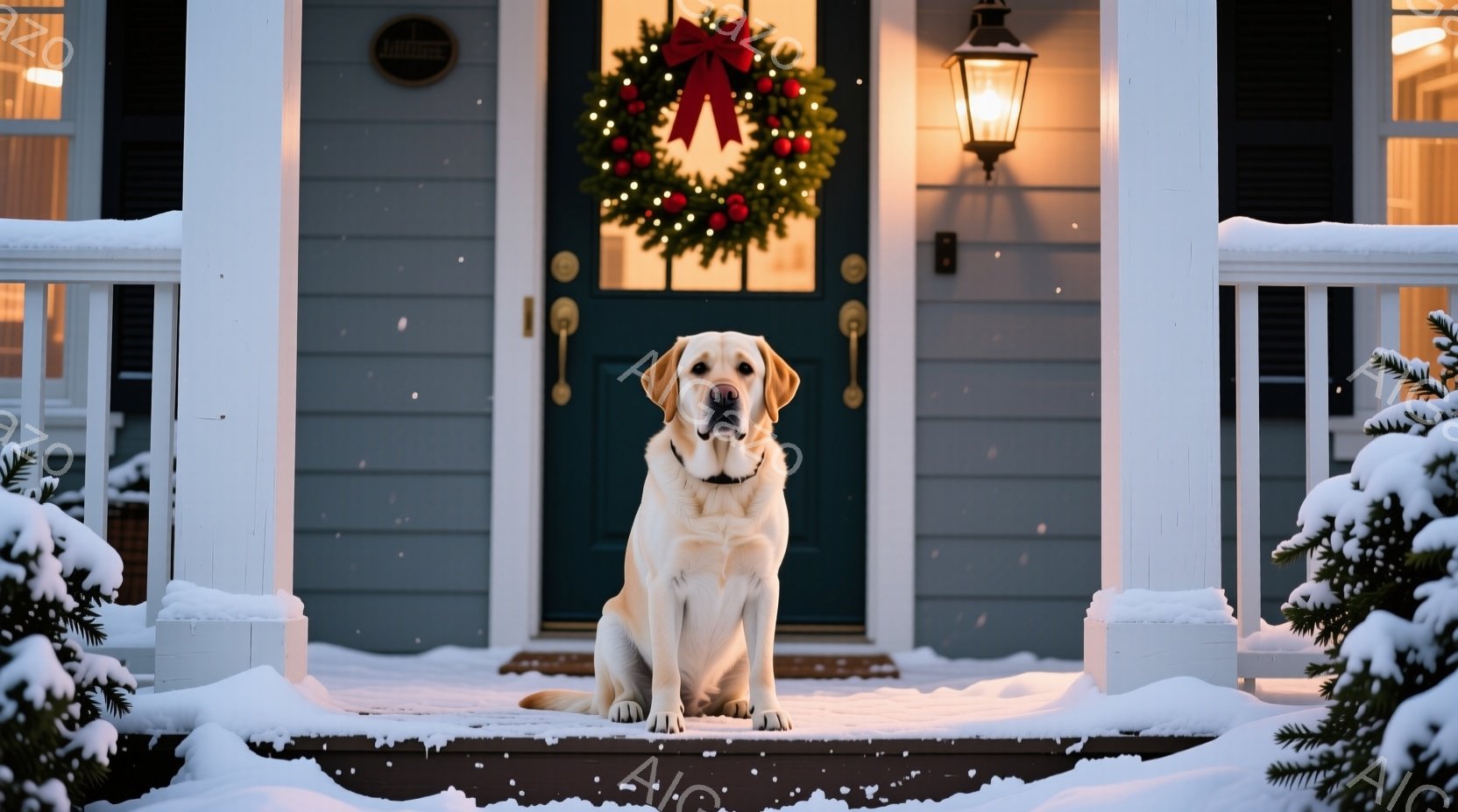 白いラブラドール・レトリバーが、雪に覆われた家の玄関の段差に座って正面を見ています。背景には、クリスマスリースが飾られた濃い緑色のドアと、雪で覆われた柱や植物が見え、暖かい光が灯っています。全体的に、 - AI生成フリー素材