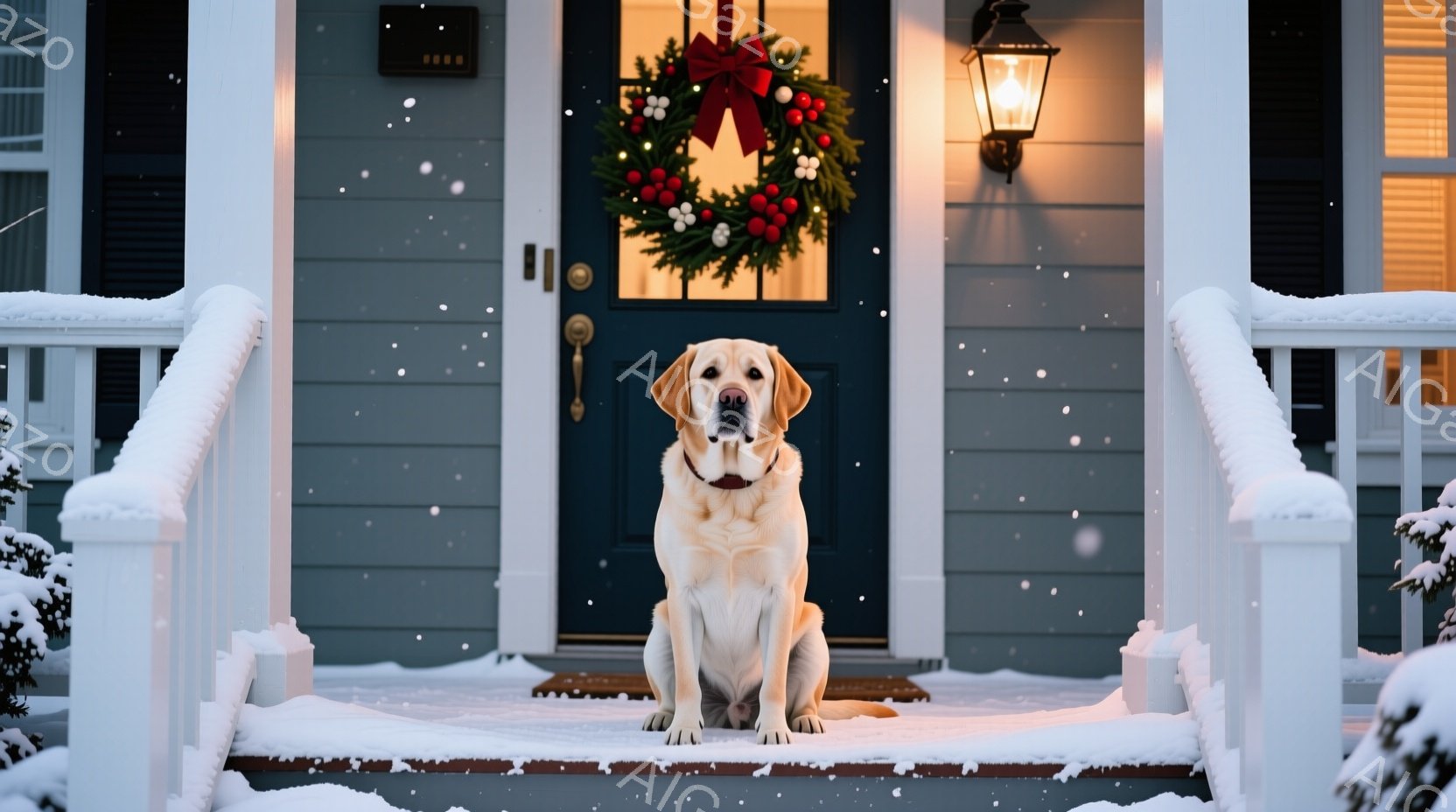白いラブラドール・レトリバーが雪で覆われた家の外階段に座っています。背景には、クリスマスリースが飾られた濃い青色のドアと、雪が降る寒い冬の景色が広がっています。暖かく穏やかな雰囲気が漂い、冬のホリデー - AI生成フリー素材