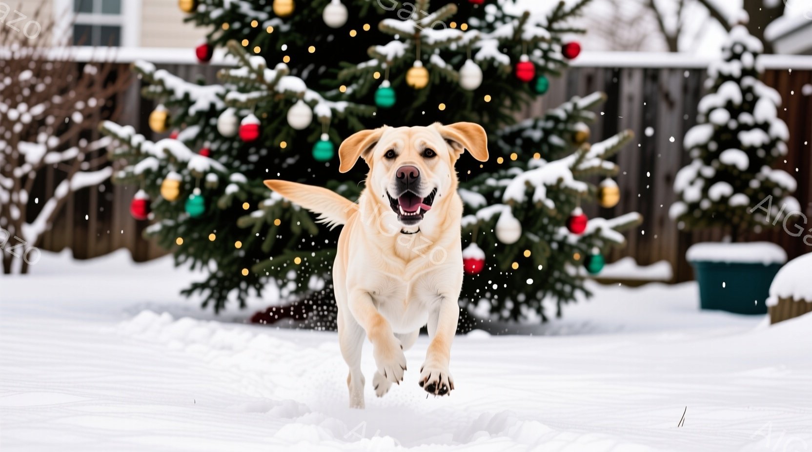 白い雪景色の中で、明るいクリーム色のラブラドール・レトリバーが、雪の上を勢いよく駆け抜けている。背景には、色とりどりのオーナメントで飾られたクリスマスツリーと、雪に覆われたフェンス、そして建物の一部が - AI生成フリー素材
