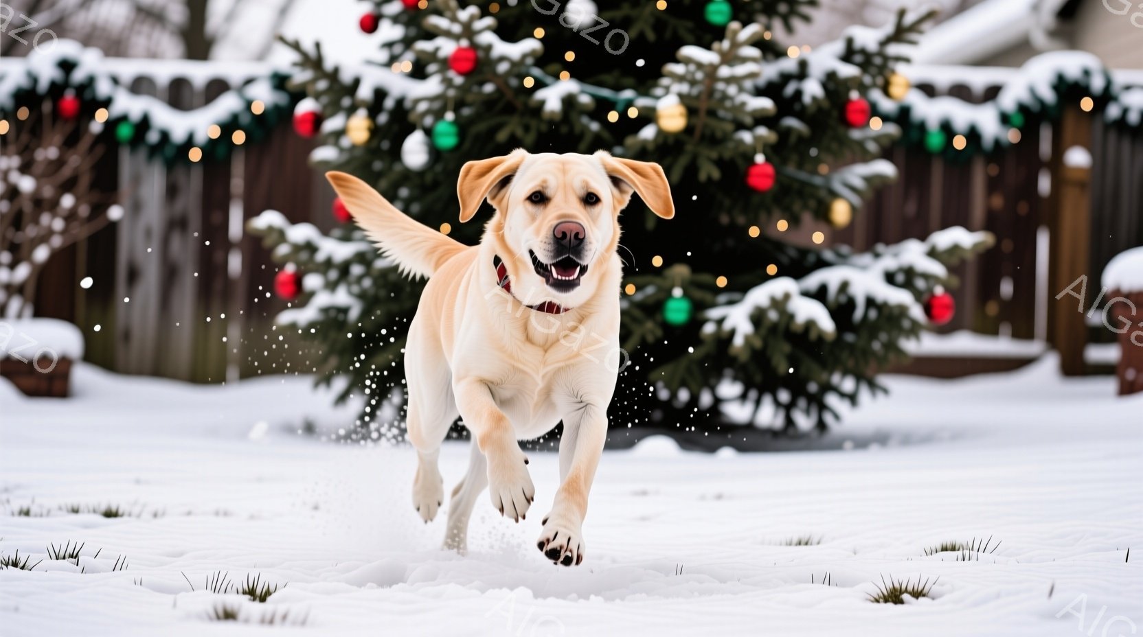 雪景色の中、クリーム色のラブラドールレトリバーが雪の上を勢いよく走っている。背景にはクリスマスツリーが飾られており、赤いオーナメントが緑の葉に映えている。雪が舞い、犬は嬉しそうに口を開けており、冬の喜 - AI生成フリー素材