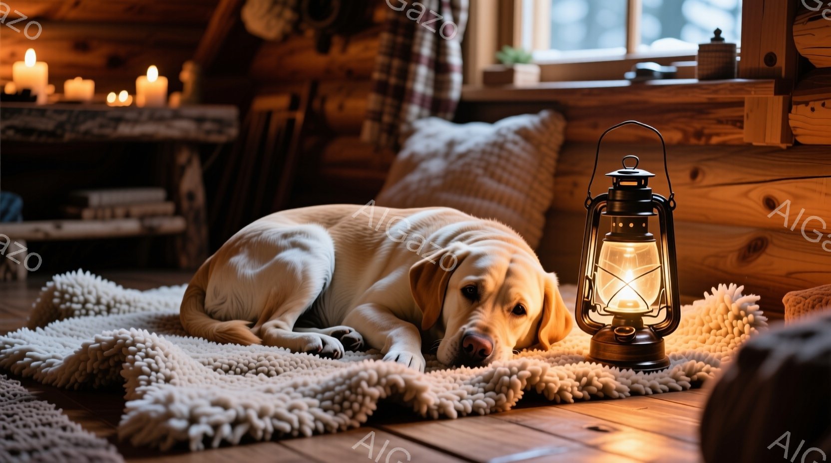 明るい毛並みのラブラドール・レトリバーが、ふわふわのラグの上に横たわってリラックスしています。部屋は木のぬくもりを感じさせる内装で、壁には棚が並び、キャンドルやランプの光が温かい雰囲気を演出しています - AI生成フリー素材