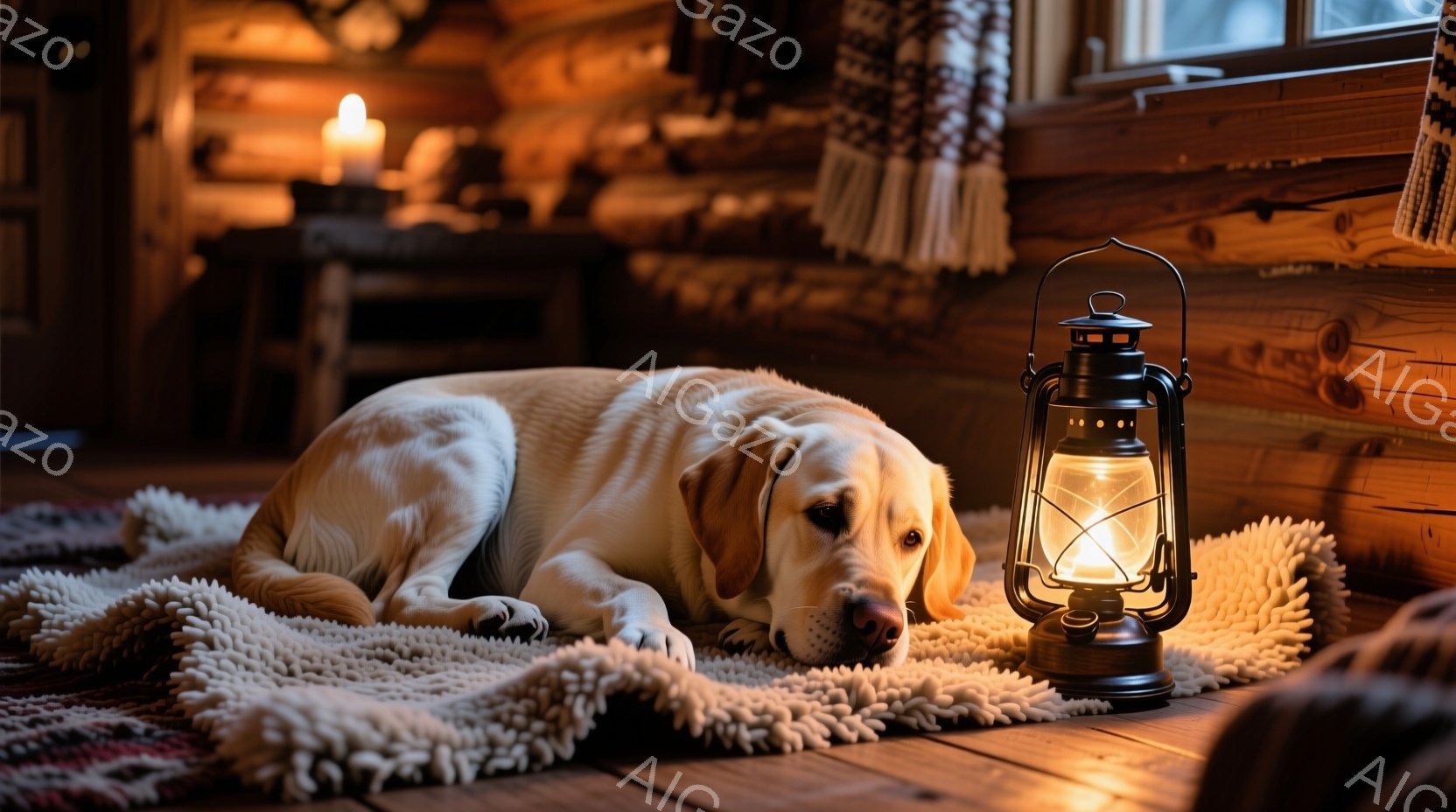 明るい毛並みのラブラドール・レトリバーが、柔らかいラグの上に横たわっています。その表情は穏やかで、少し眠たげです。背景は木の壁で、暖炉の光とランタンの灯りが室内を照らし、温かく落ち着いた雰囲気を作り出しています。