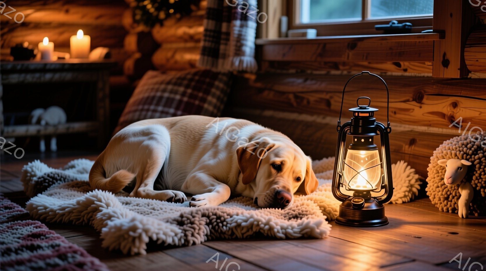明るい色のラブラドールレトリバーが、柔らかいラグの上に横たわってリラックスしています。背景には木の壁とクッションがあり、暖炉やキャンドルから温かい光が差し込み、心地よい雰囲気を作り出しています。テーブ - AI生成フリー素材