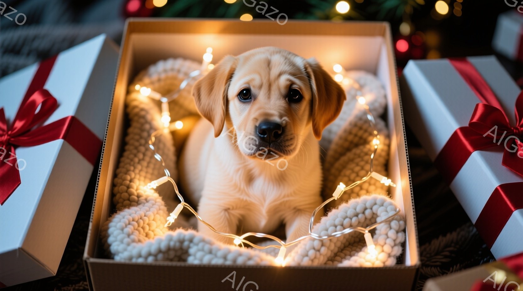 黄金色のラブラドールの子犬が、毛糸でできた柔らかい巣のようなものと、温かい光のイルミネーションに囲まれた茶色のギフトボックスの中で丸くなっています。子犬はまっすぐカメラを見つめ、好奇心と無邪気さを湛えた表情をしています。背景には、赤いリボンで飾られた他のギフトボックスがいくつか見え、全体的に暖かく、お祝いムードに満ちた雰囲気です。