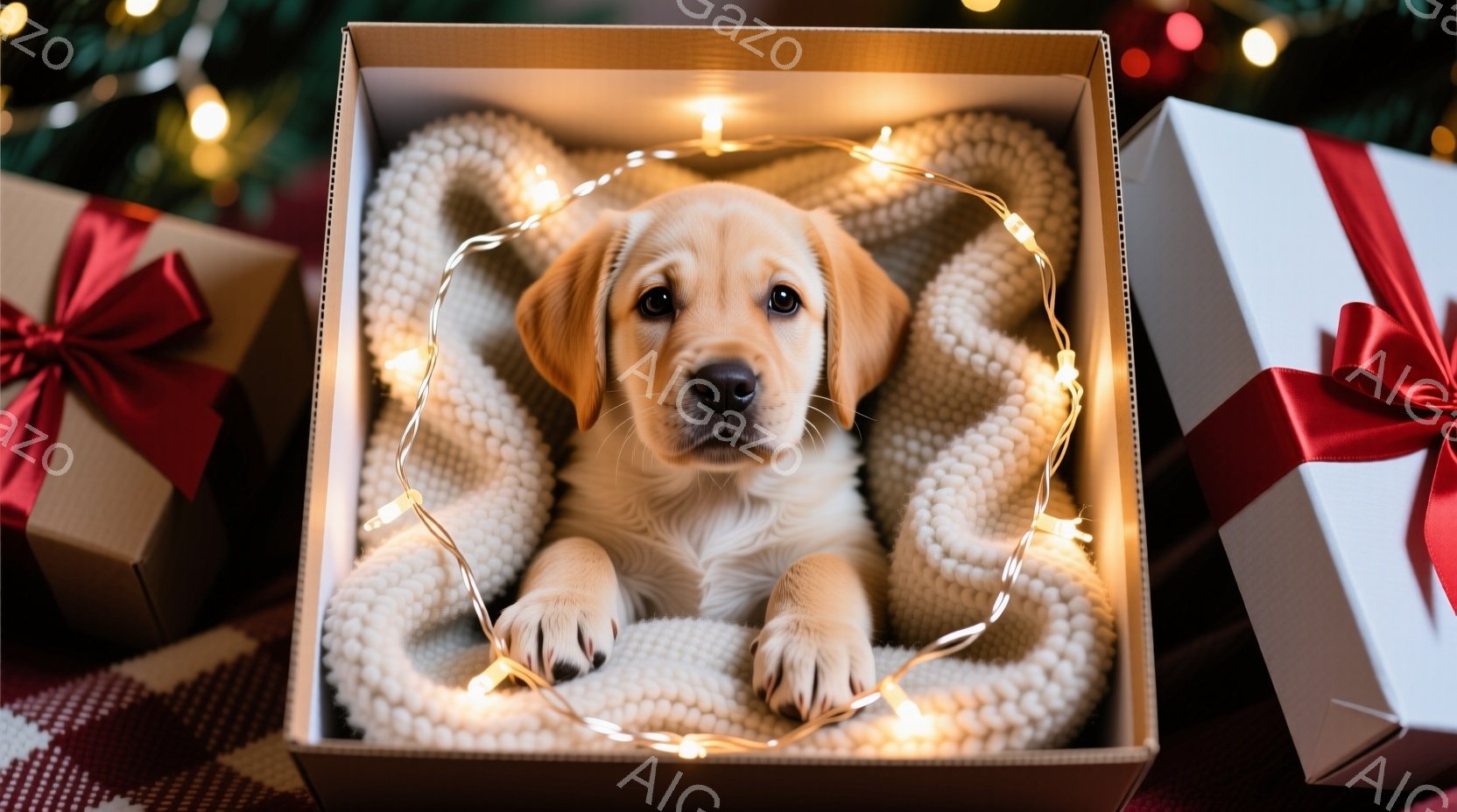 愛らしい子犬が、ふわふわの毛布の上に横たわり、ギフトボックスの中に座っています。周りにはクリスマスツリーの輝きと、ラッピングされたプレゼントが散らばり、温かく幸せな雰囲気を醸し出しています。子犬は前足 - AI生成フリー素材