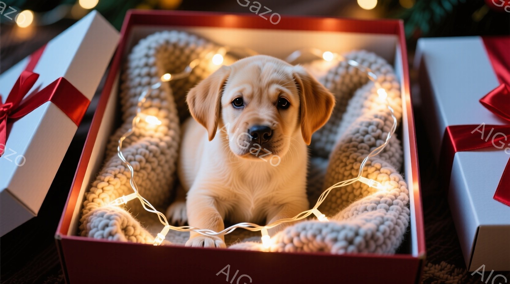 赤いギフトボックスの中に、ふわふわのクリーム色のパピーが丸まって座っています。パピーは優しい目をしており、ライトの飾りが箱の周りを優しく照らしています。背景には他のギフトボックスが置かれ、全体的に暖か - AI生成フリー素材