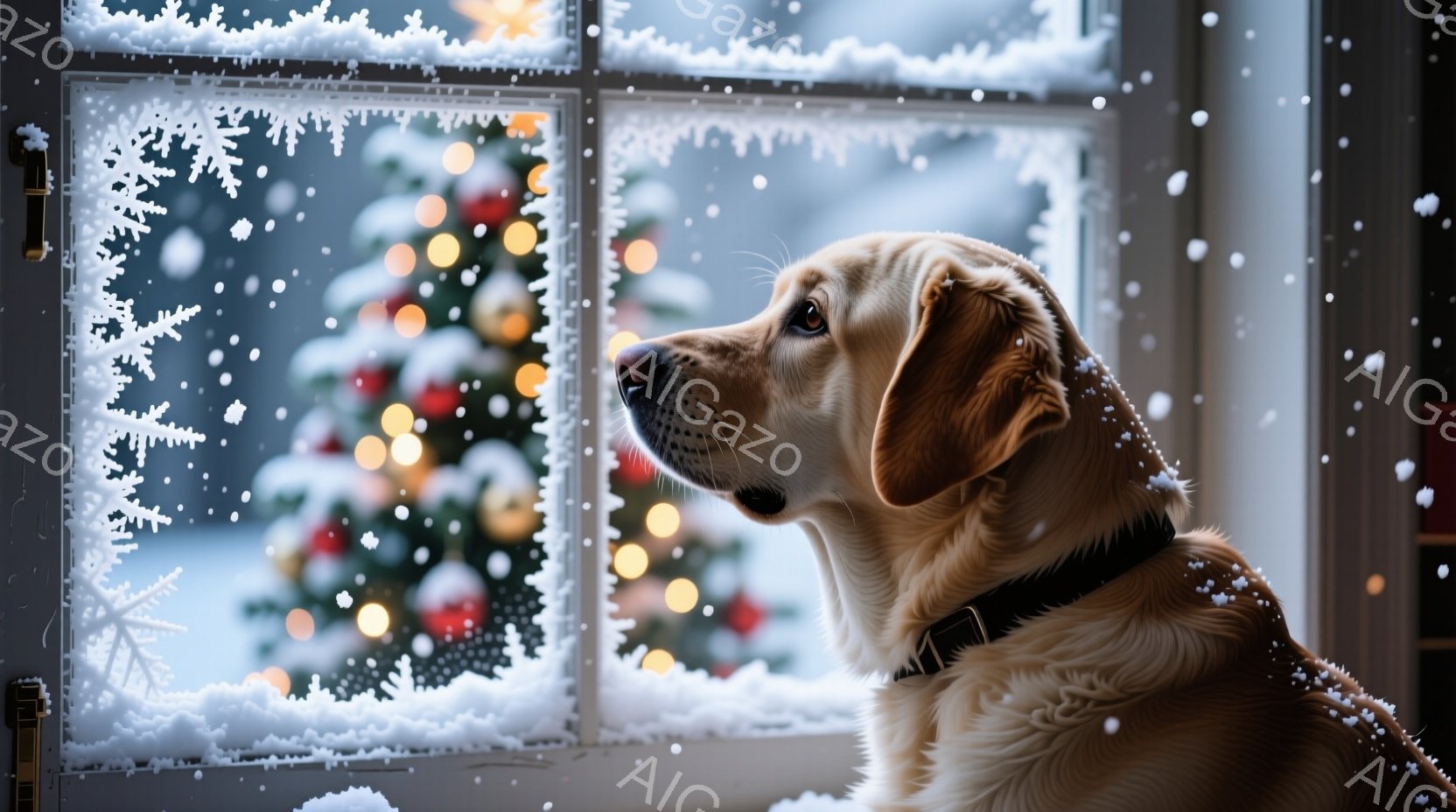 窓辺に座る明るい茶色のラブラドールレトリバーが、雪が降り積もるクリスマスの風景を眺めている。犬は首輪をつけており、穏やかで物憂げな表情で遠くを見つめている。背景にはぼやけたクリスマスツリーの光が散りば - AI生成フリー素材
