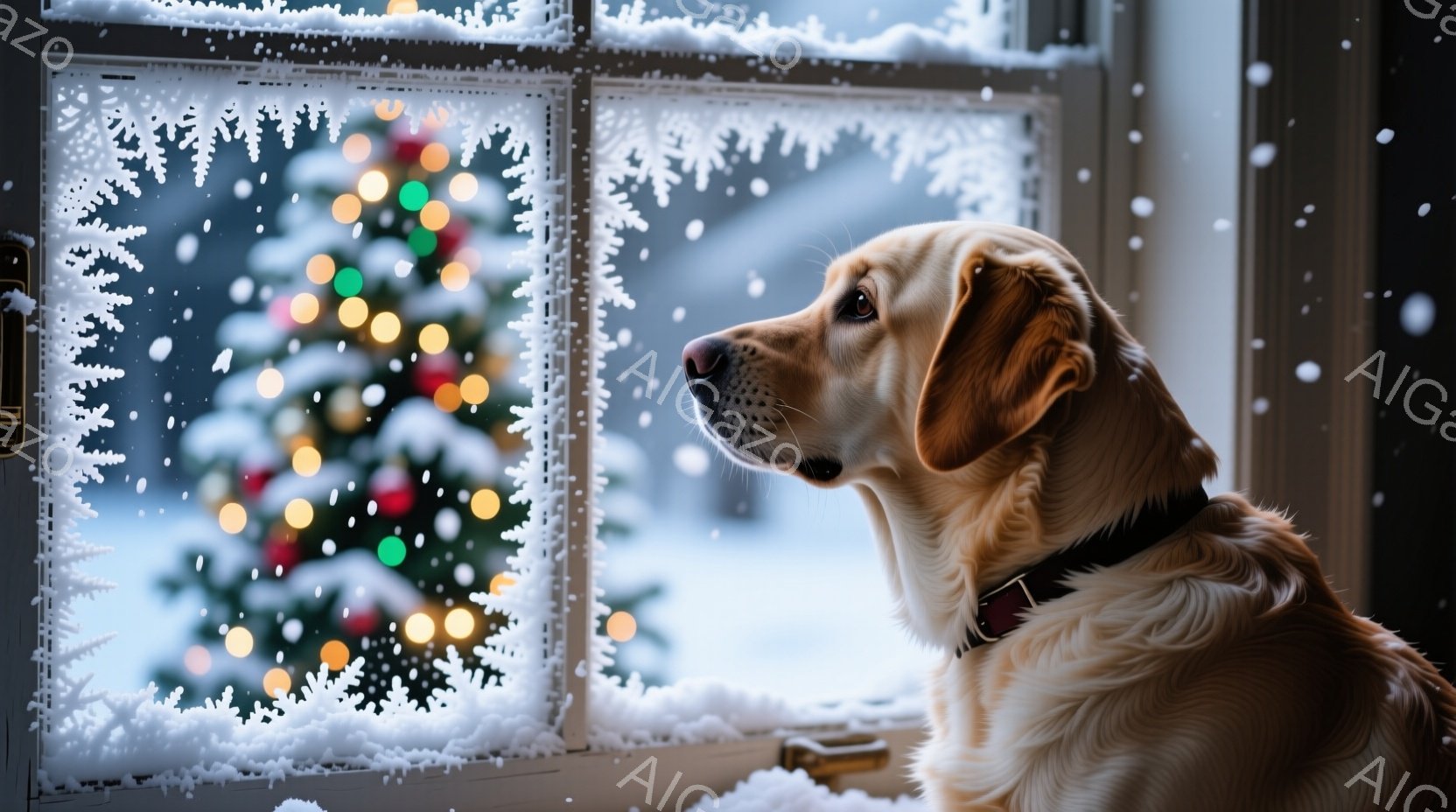 白い窓枠に寄りかかり、クリーム色のラブラドール・レトリバーが雪景色を眺めている。窓の外には、ぼんやりと光るクリスマスツリーと、降り積もる雪景色が広がっており、冬の穏やかで温かい雰囲気を醸し出している。 - AI生成フリー素材