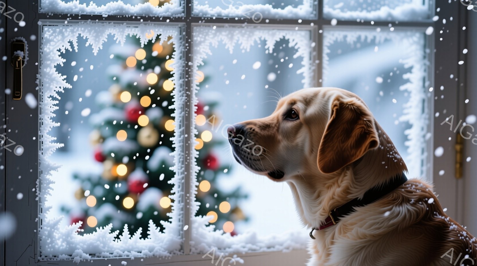 白い毛並みのラブラドール・レトリバーが窓の外をじっと見つめています。窓枠には雪が積もり、背景にはクリスマスツリーの温かい光がぼんやりと見え、冬の穏やかな雰囲気を醸し出しています。犬は赤い首輪をつけてお - AI生成フリー素材