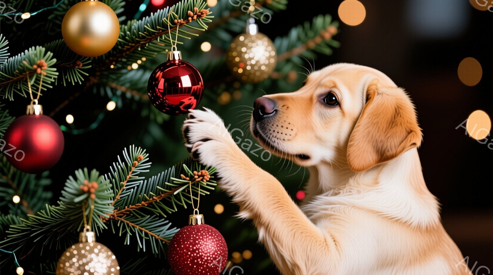 ゴールデンレトリバーの子犬がクリスマスツリーの飾りを前足でそっと触れようとしています。背景には緑の葉と赤い、金色のオーナメントが散りばめられ、ぼんやりとした光が暖かく包み込むような雰囲気を作り出してい - AI生成フリー素材