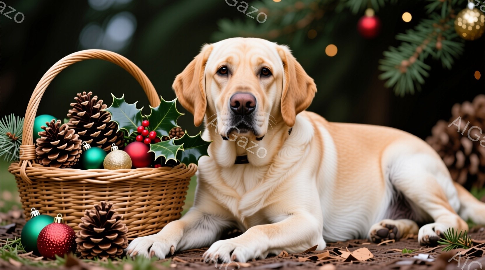 明るいクリーム色のラブラドール・レトリバーが、落ち葉の上に横たわっています。その隣には、松ぼっくりや飾りでいっぱいの籐のバスケットが置かれており、背景にはぼやけたクリスマスツリーが見えます。犬は穏やか - AI生成フリー素材