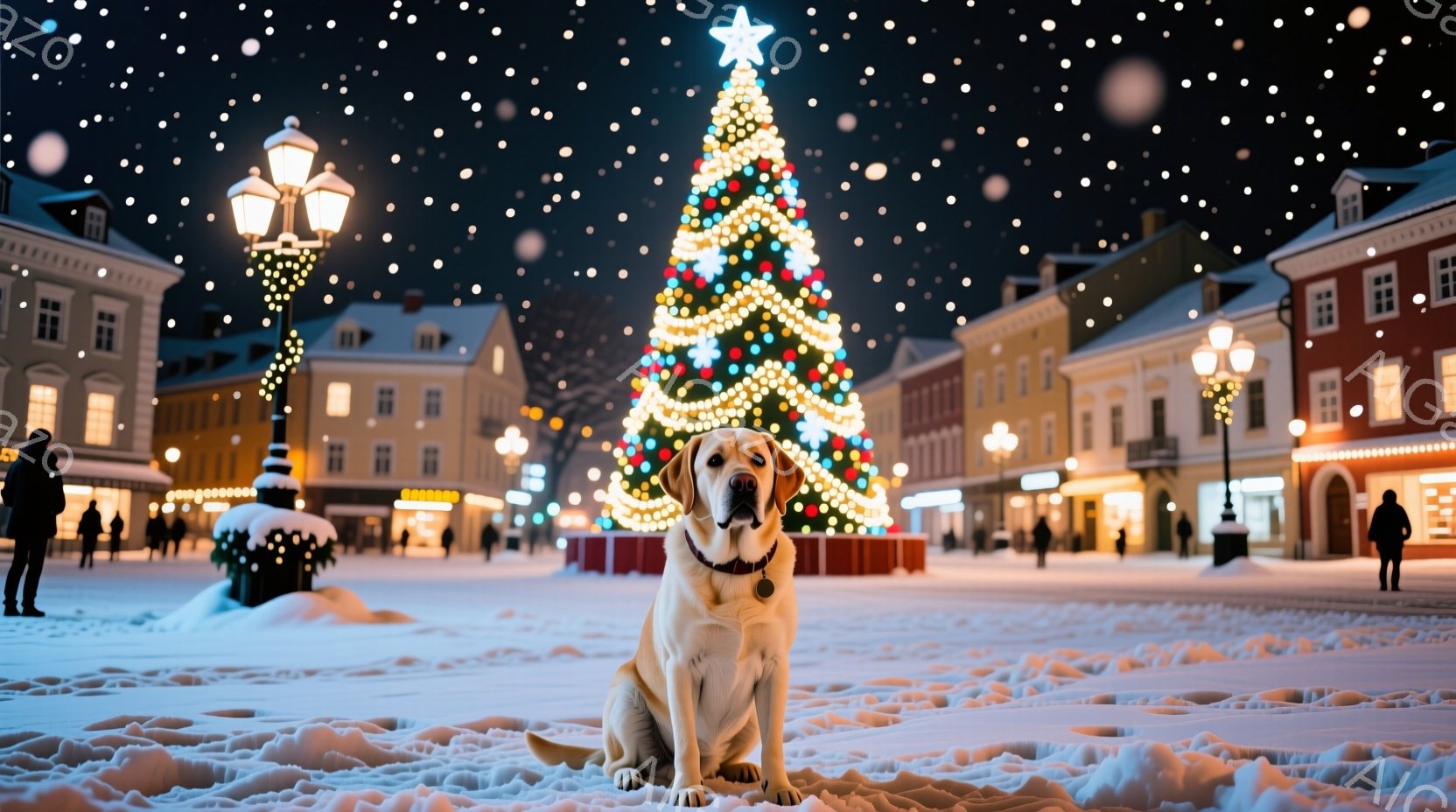 広場の中央に、穏やかな表情のラブラドールレトリバーが座っています。背景には、カラフルなイルミネーションで飾られた巨大なクリスマスツリーがあり、雪が舞う冬の夜の賑やかな広場が広がっています。周辺には、人 - AI生成フリー素材