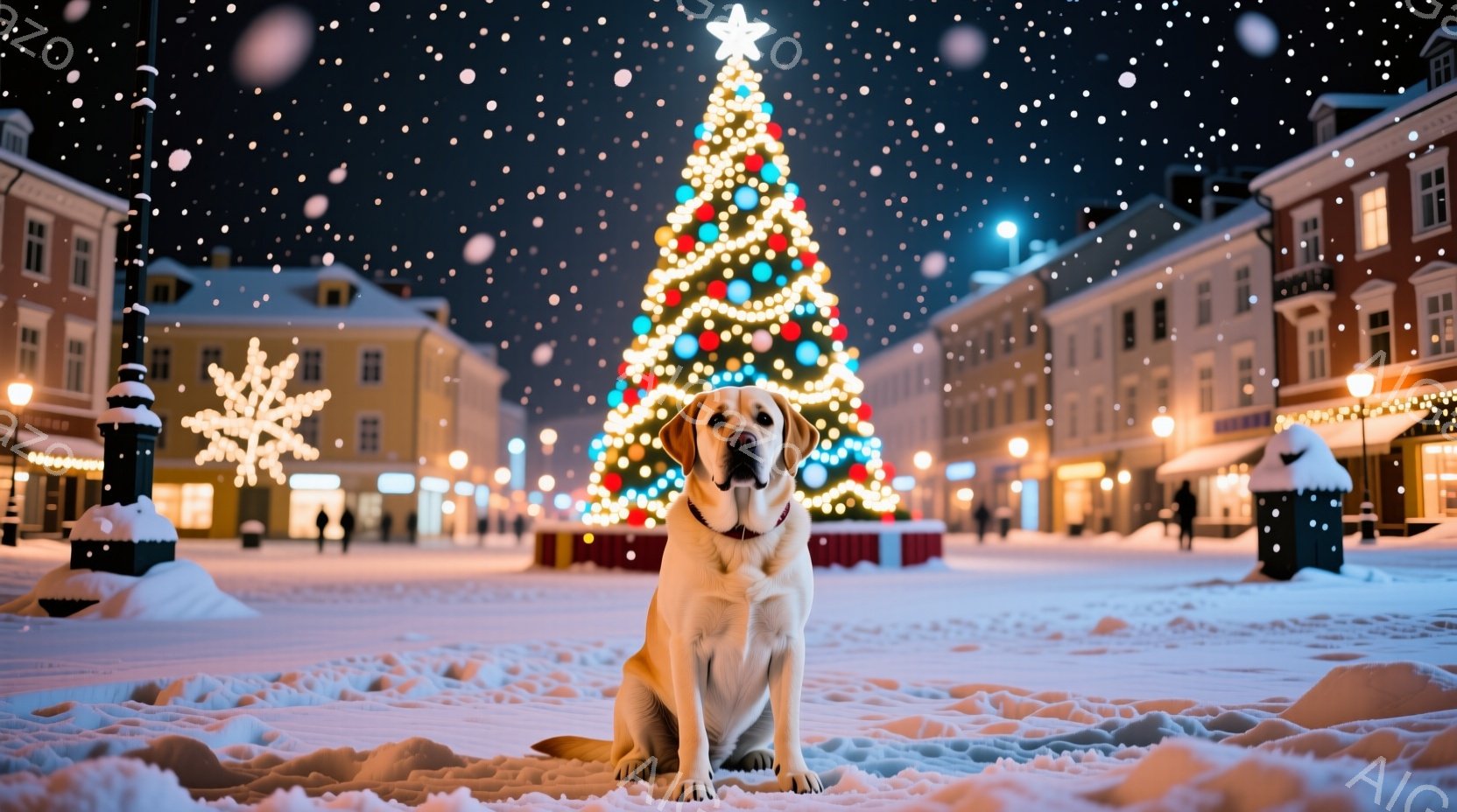 白い毛並みの犬が雪道を駆けている姿が捉えられています。両脇には灯りがともったランタンが並び、雪が舞う冬の森の幻想的な雰囲気を醸し出しています。背景にはうっそうとした木々が立ち並び、暖かく優しい光が犬と - AI生成フリー素材