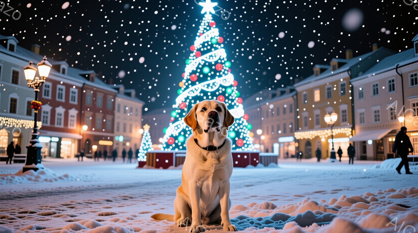 広場の中央に座っているクリーム色のラブラドール・レトリバーが写っている。背景には、クリスマスツリーが輝き、周囲の建物は雪に覆われ、夜空には雪が舞っている。全体的に、暖かく、お祝いの雰囲気で、冬の夜の穏やかなシーンが表現されている。
