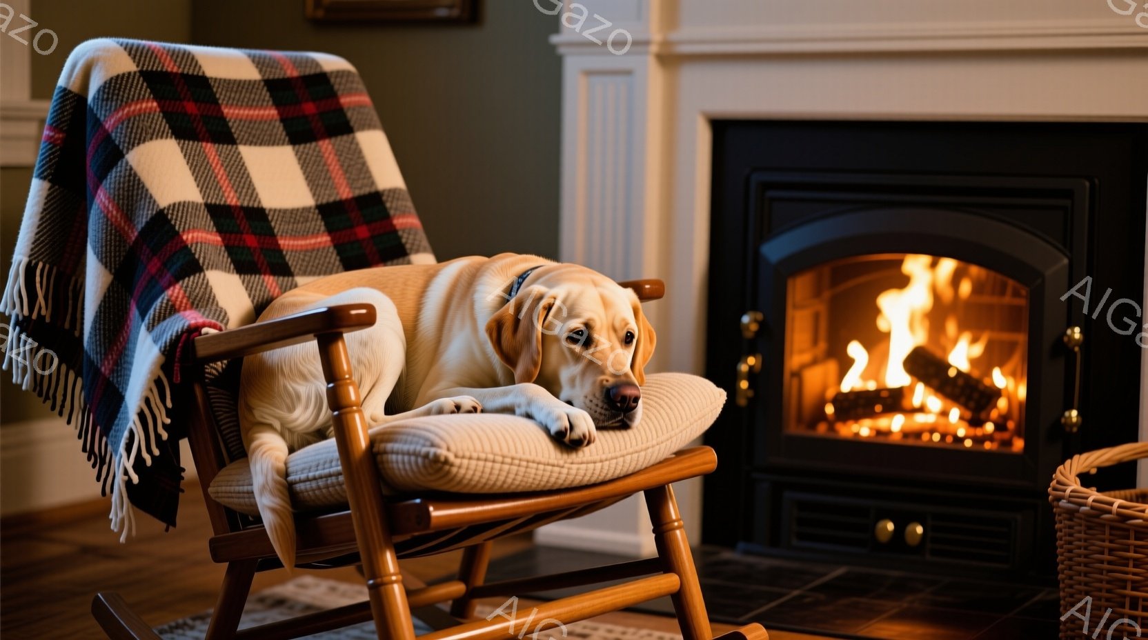 明るいクリーム色のラブラドール・レトリバーが、木のロッキングチェアにリラックスして横たわっています。ロッキングチェアには、赤と黒のチェック柄のブランケットがかけられ、座面にはクッションが置かれています - AI生成フリー素材