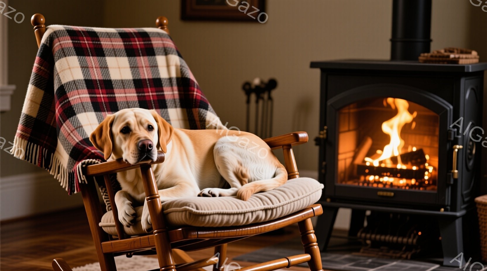 明るい黄色のラブラドール・レトリバーがロッキングチェアにゆったりと横たわっています。ロッキングチェアにはチェック柄のブランケットが掛けられており、暖炉の火が背景で温かい光を放っています。全体的に、リラ - AI生成フリー素材