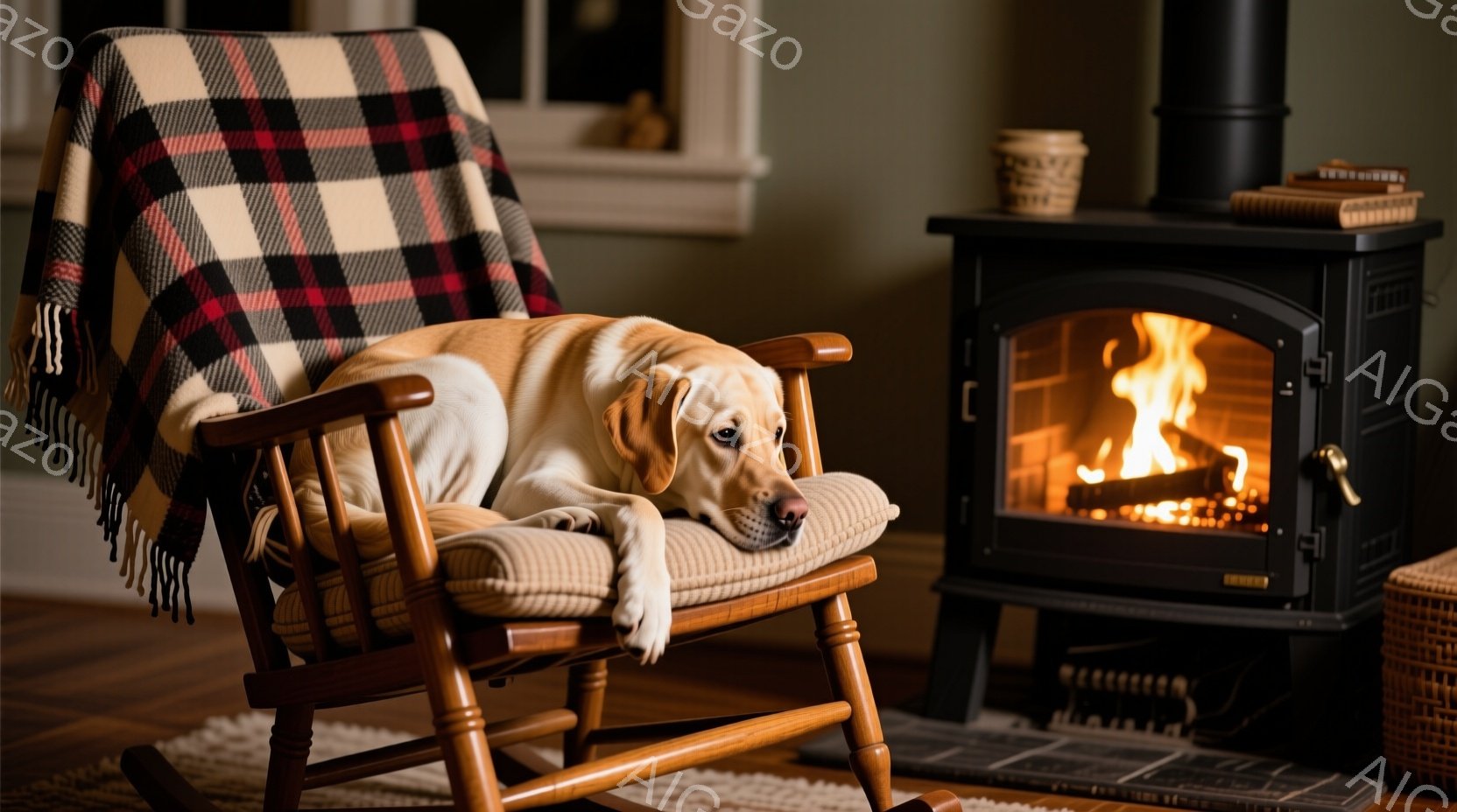 明るい色のラブラドールレトリバーが、クッションの入ったロッキングチェアにゆったりと横たわっている。背景には、暖炉があり、火が燃えて暖かさを感じさせる。ロッキングチェアにはチェック柄の毛布がかかっており - AI生成フリー素材
